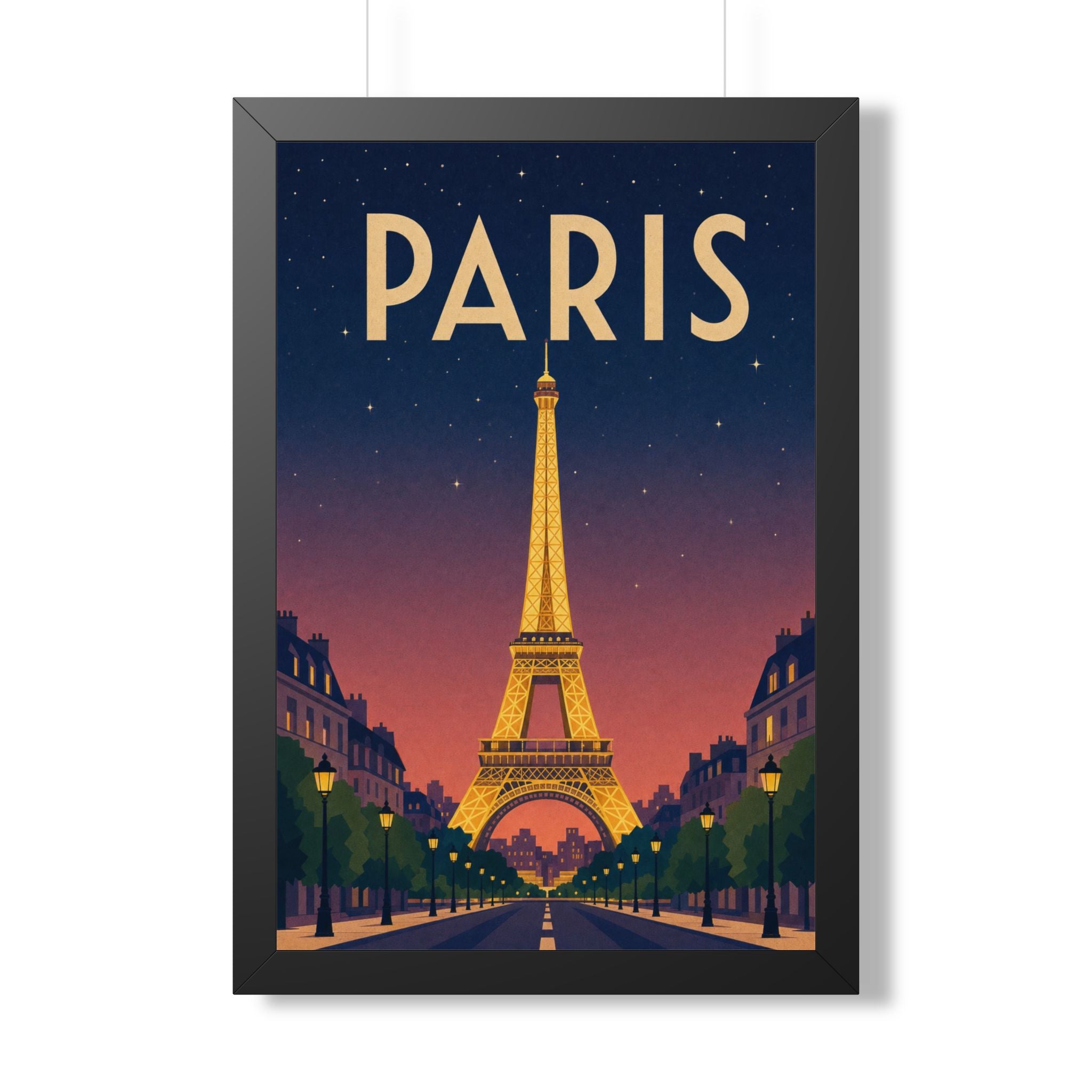 Paris at Night France Framed Poster | Vintage Travel Wall Art | Black Walnut White Frame | 16x24 20x30
