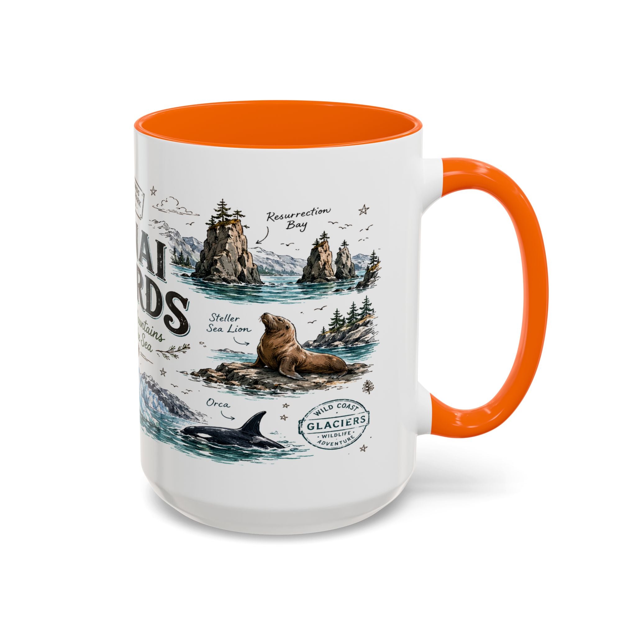 Kenai Fjords National Park Coffee Mug | Alaska Coastal Wildlife Hiking Gift | Accent Color Ceramic 11oz 15oz
