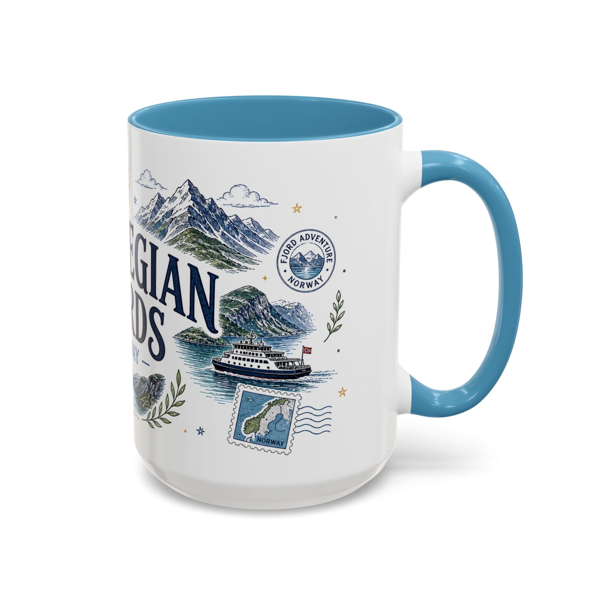 Norwegian Fjords Coffee Mug | Travel Destination Souvenir Gift | Accent Color Ceramic 11oz 15oz