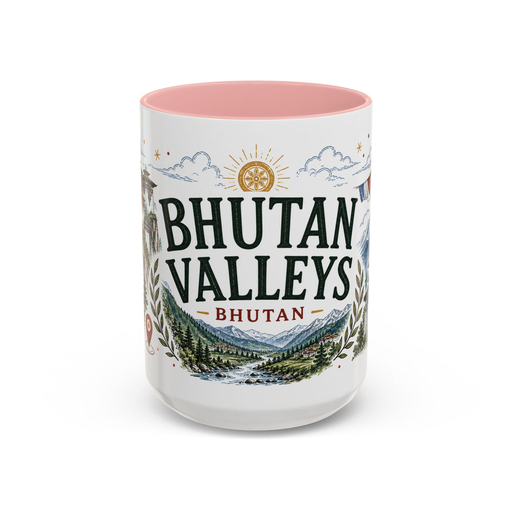 Bhutan Valleys Coffee Mug | Travel Destination Souvenir Gift | Accent Color Ceramic 11oz 15oz