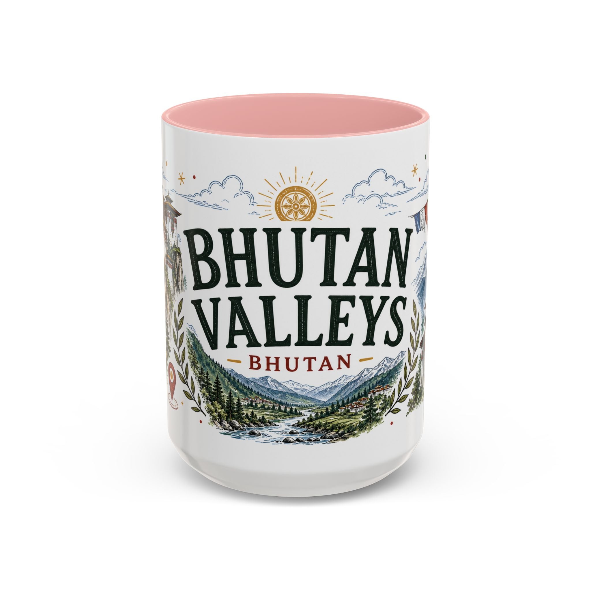 Bhutan Valleys Coffee Mug | Travel Destination Souvenir Gift | Accent Color Ceramic 11oz 15oz