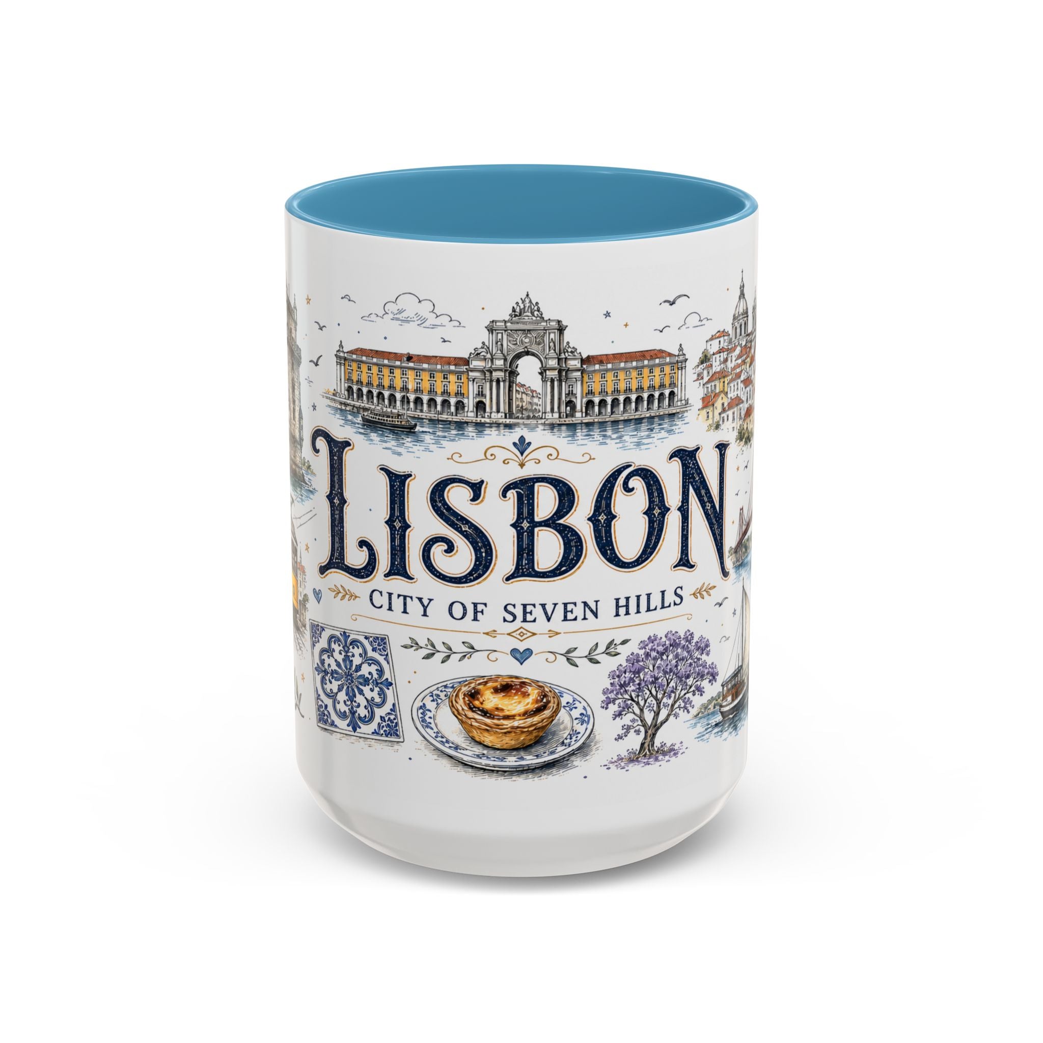 Lisbon Coffee Mug | Portugal Travel Souvenir | Vintage Illustrated City Gift | 11 oz 15 oz Accent Mug