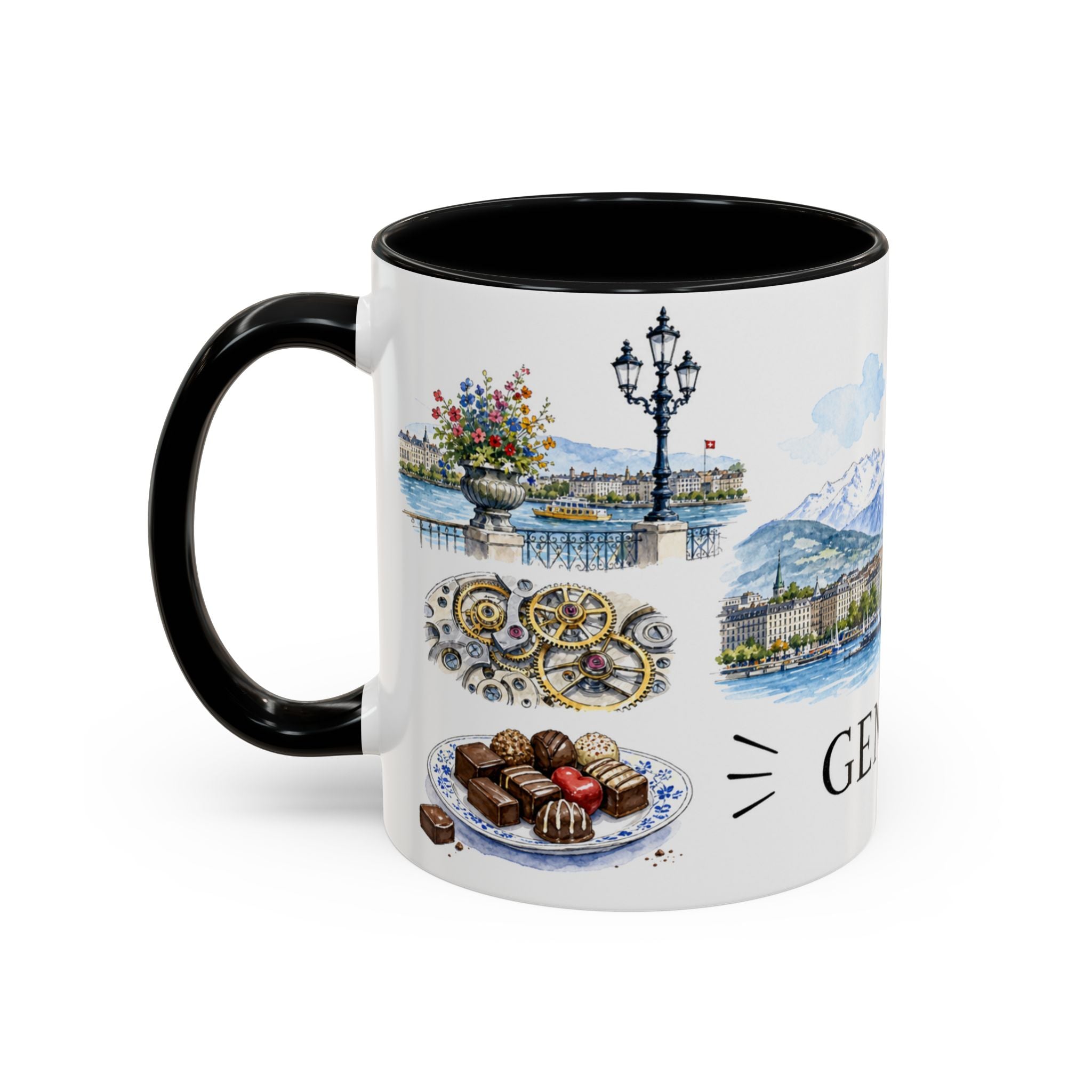 Geneva Illustrated Travel Mug | City Souvenir Accent Coffee Mug | 11oz 15oz Ceramic Cup