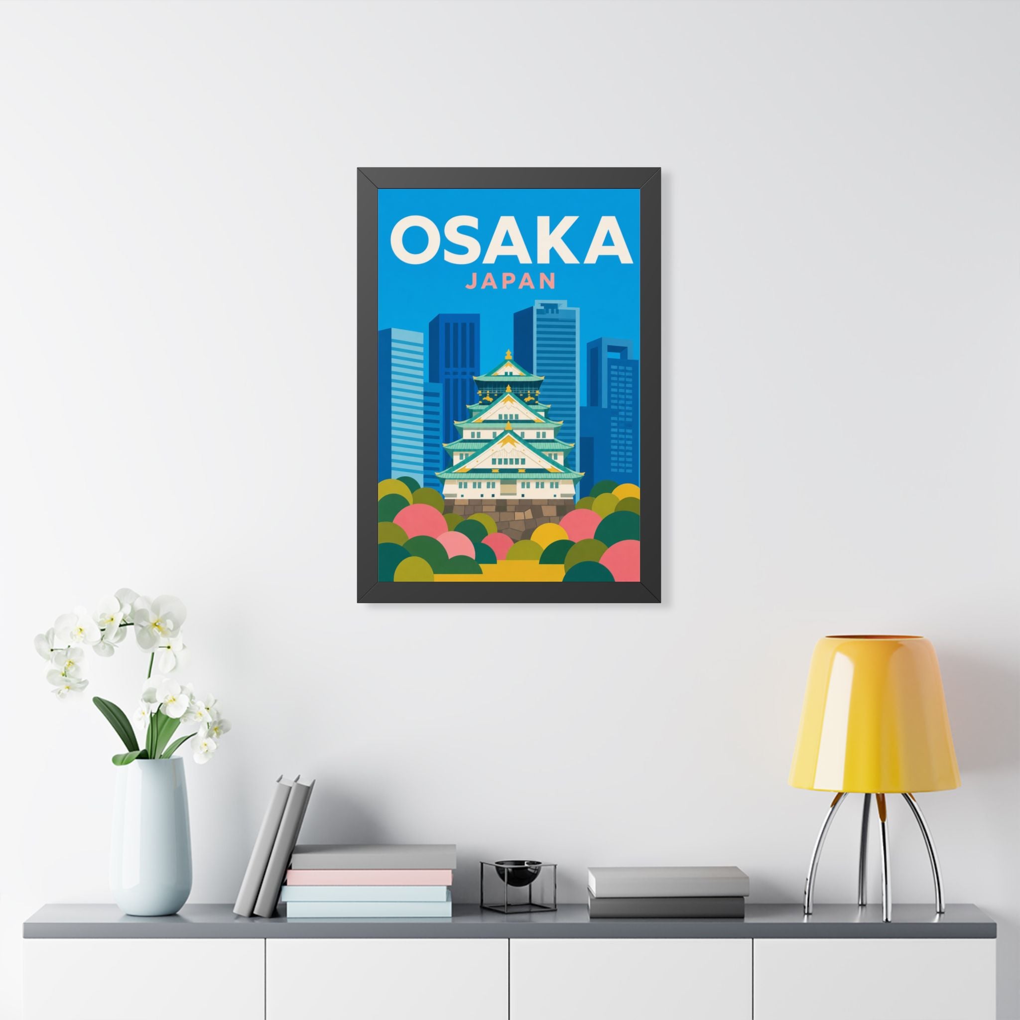 Osaka Japan Framed Poster | Vintage Travel Wall Art | Black Walnut White Frame | 16x24 20x30