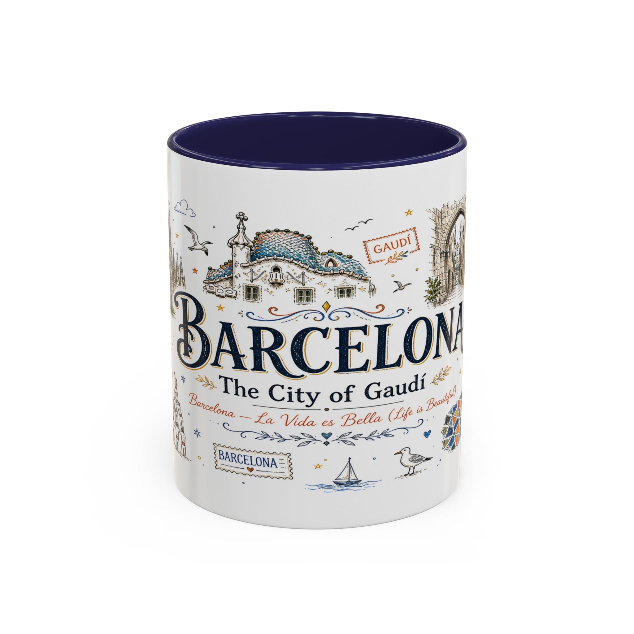 Barcelona Coffee Mug | Spain Souvenir Travel Gift | Accent Color Ceramic 11oz 15oz