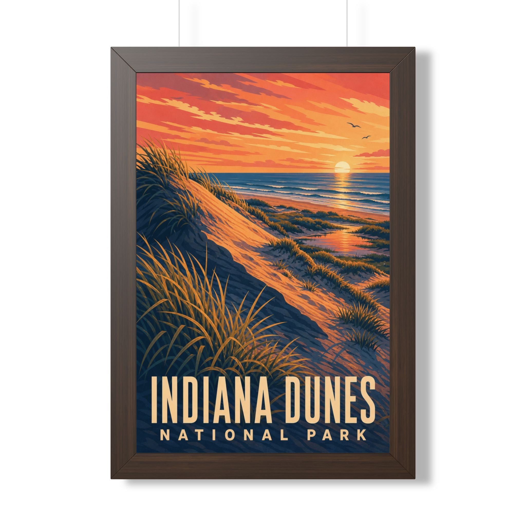 Indiana Dunes National Park Framed Poster | Vintage Travel Wall Art | Black Walnut White Frame | 16x24 20x30