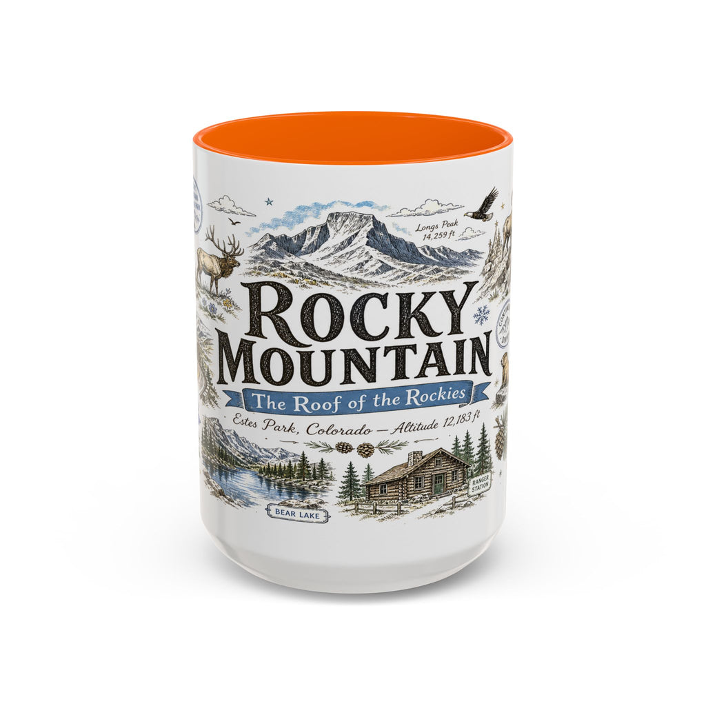 Rocky Mountain Coffee Mug | National Park Hiking Camping Gift | Accent Color Ceramic 11oz 15oz