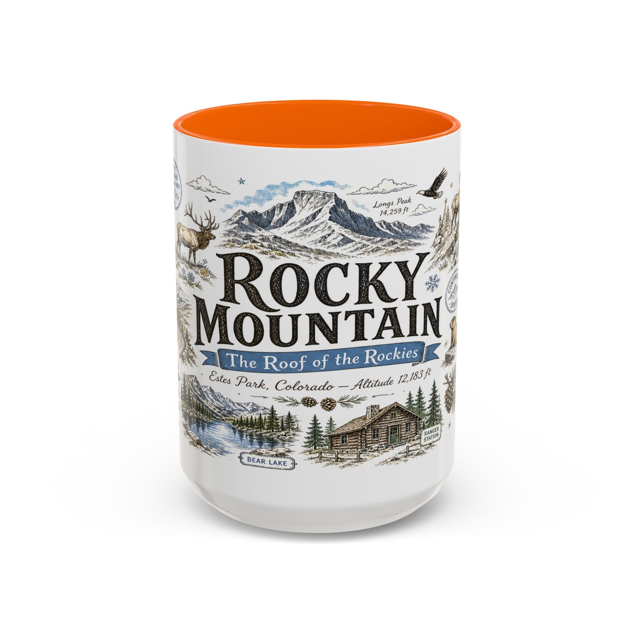 Rocky Mountain Coffee Mug | National Park Hiking Camping Gift | Accent Color Ceramic 11oz 15oz