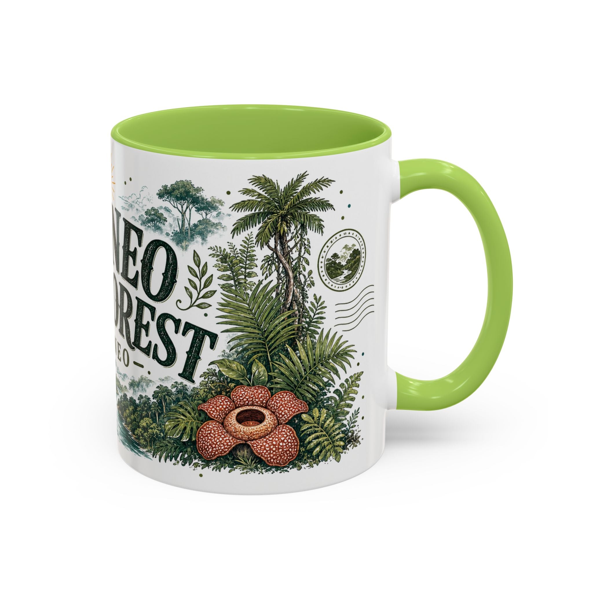 Borneo Rainforest Coffee Mug | Travel Destination Souvenir Gift | Accent Color Ceramic 11oz 15oz