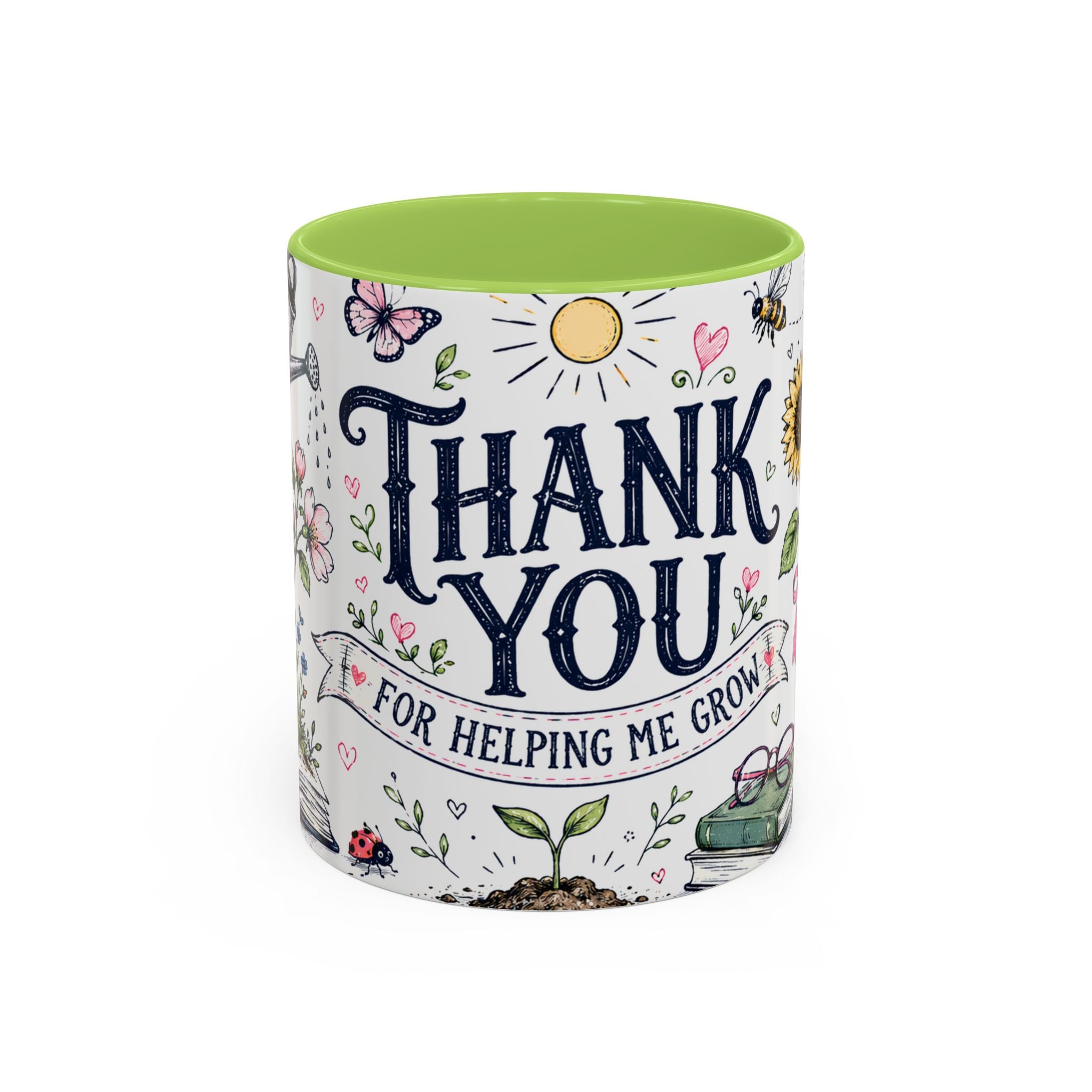 Thank You Teacher Coffee Mug | For Helping Me Grow Appreciation Gift | Accent Color Ceramic 11oz 15oz