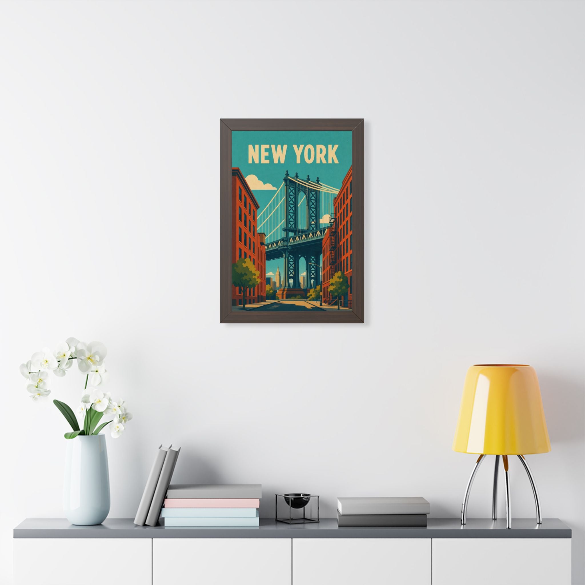 Manhattan Bridge New York United States Framed Poster | Vintage Travel Wall Art | Black Walnut White Frame | 16x24 20x30