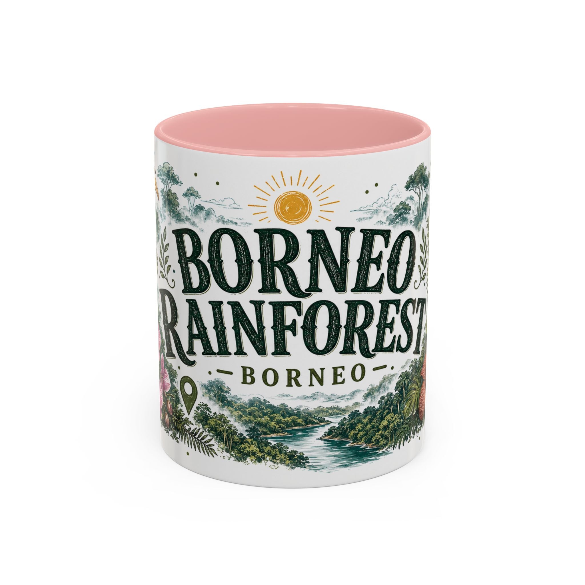 Borneo Rainforest Coffee Mug | Travel Destination Souvenir Gift | Accent Color Ceramic 11oz 15oz