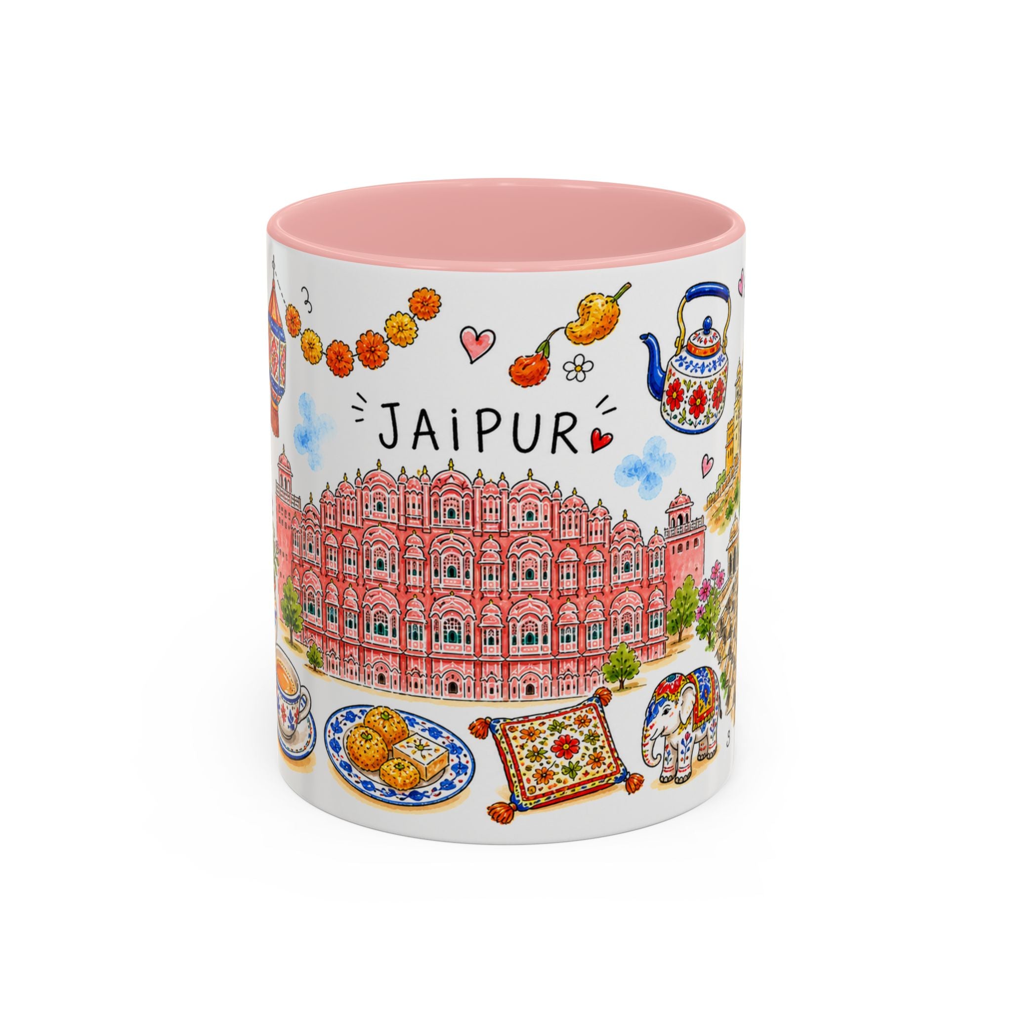 Jaipur Illustrated Travel Mug | City Souvenir Accent Coffee Mug | 11oz 15oz Ceramic Cup