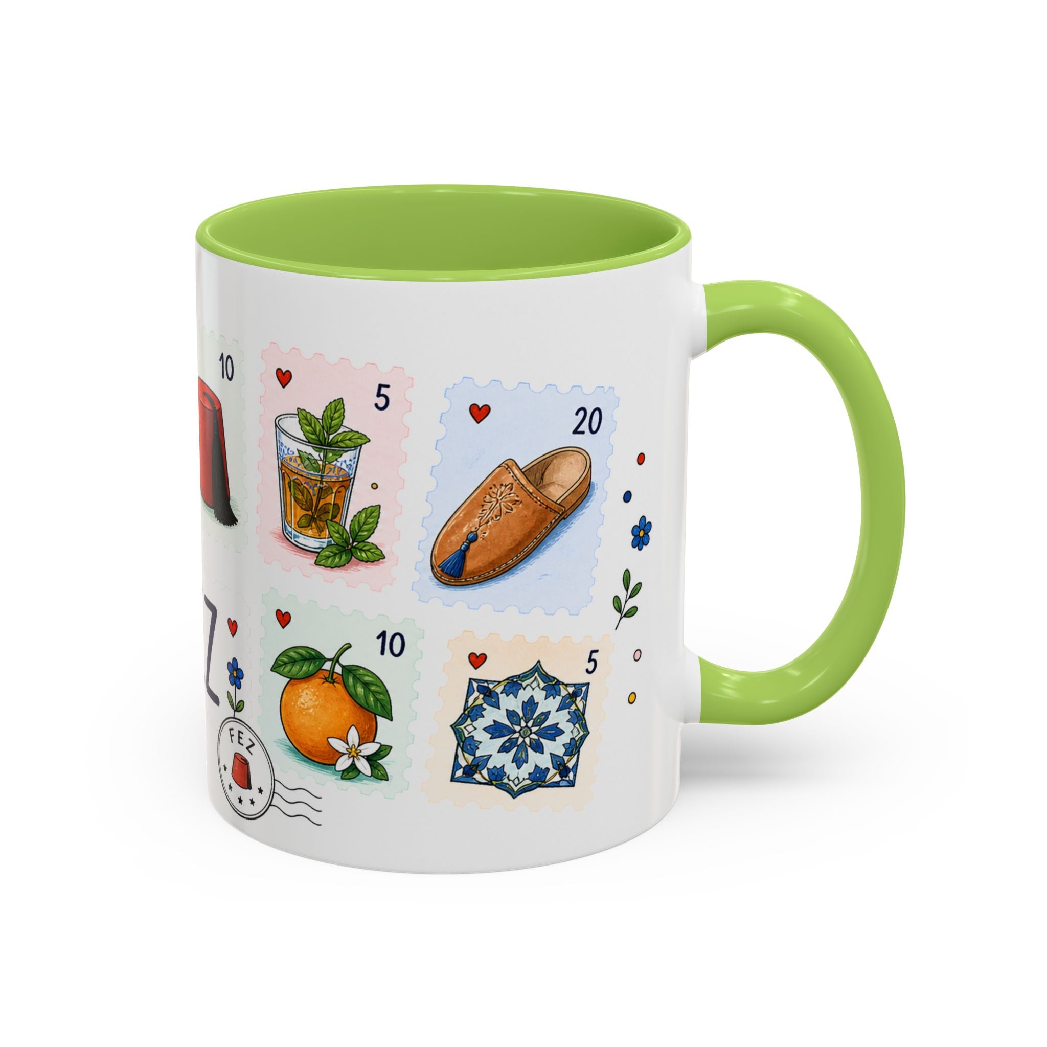 Fez Coffee Mug | Postage Stamp Collage Mug | Travel Souvenir Accent Cup 11oz 15oz