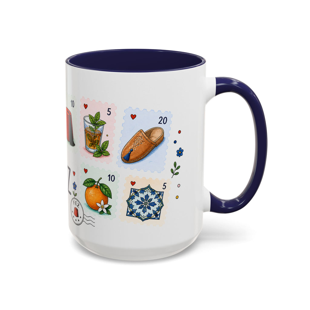 Fez Coffee Mug | Postage Stamp Collage Mug | Travel Souvenir Accent Cup 11oz 15oz