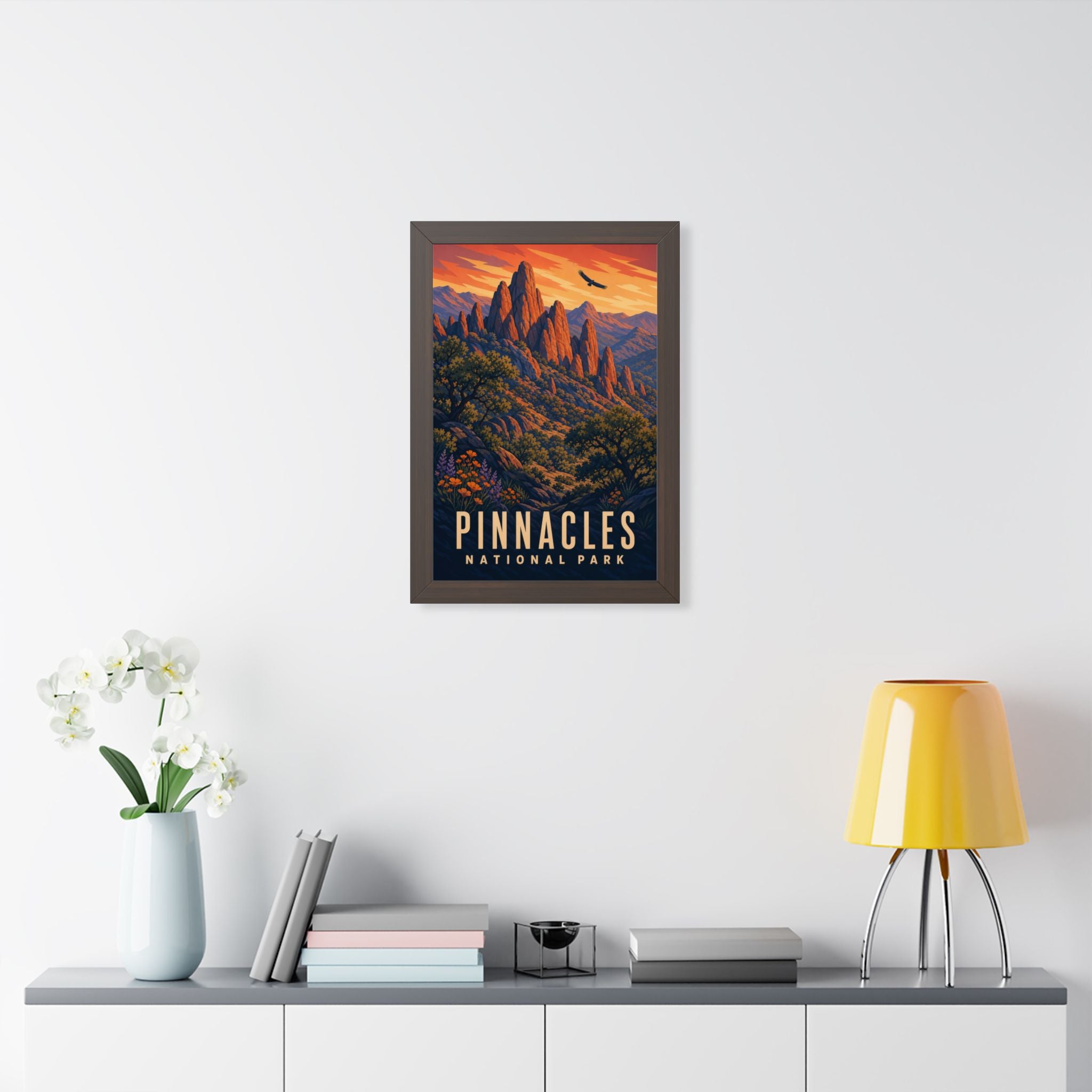 Pinnacles National Park Framed Poster | Vintage Travel Wall Art | Black Walnut White Frame | 16x24 20x30