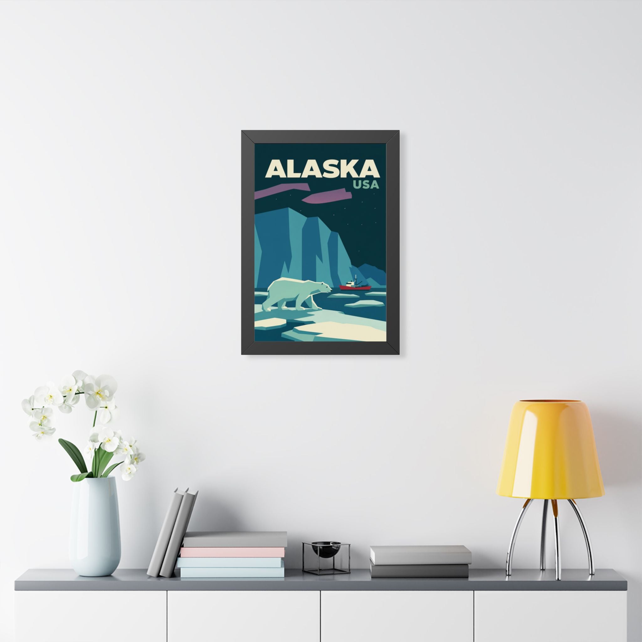 Alaska Polar Bear United States Framed Poster | Vintage Travel Wall Art | Black Walnut White Frame | 16x24 20x30