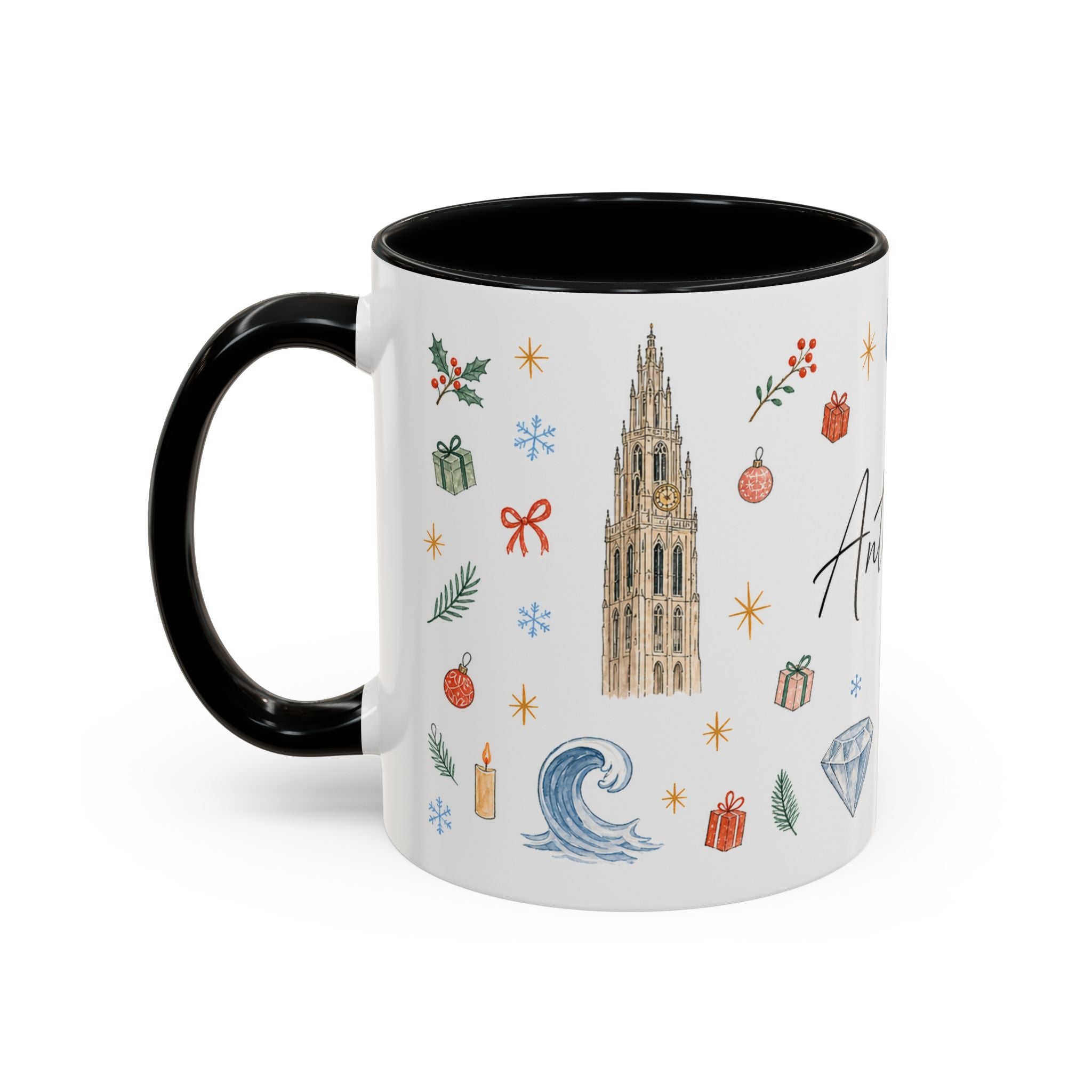 Antwerp Christmas Mug | Watercolor Travel Souvenir | Holiday Gift | Accent Ceramic Coffee Cup 11oz 15oz