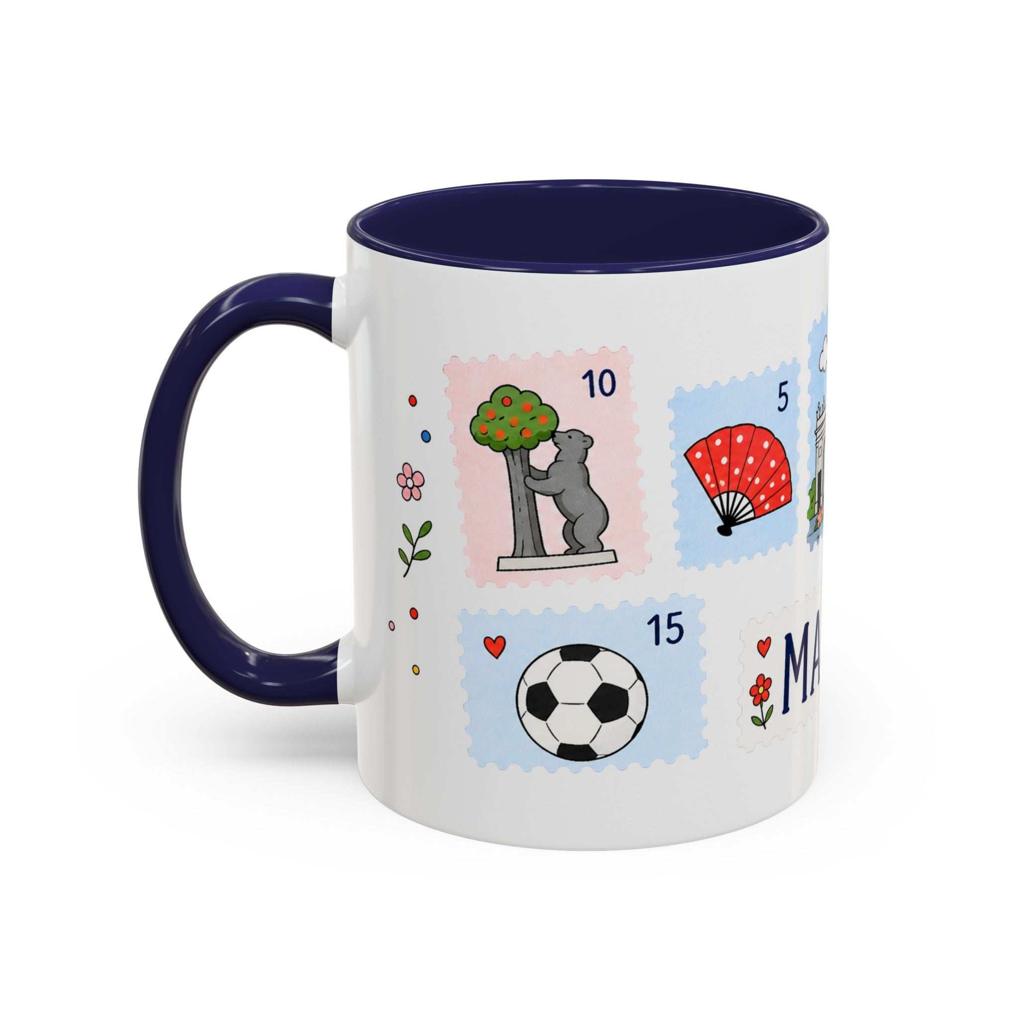 Madrid Coffee Mug | Postage Stamp Collage Mug | Travel Souvenir Accent Cup 11oz 15oz