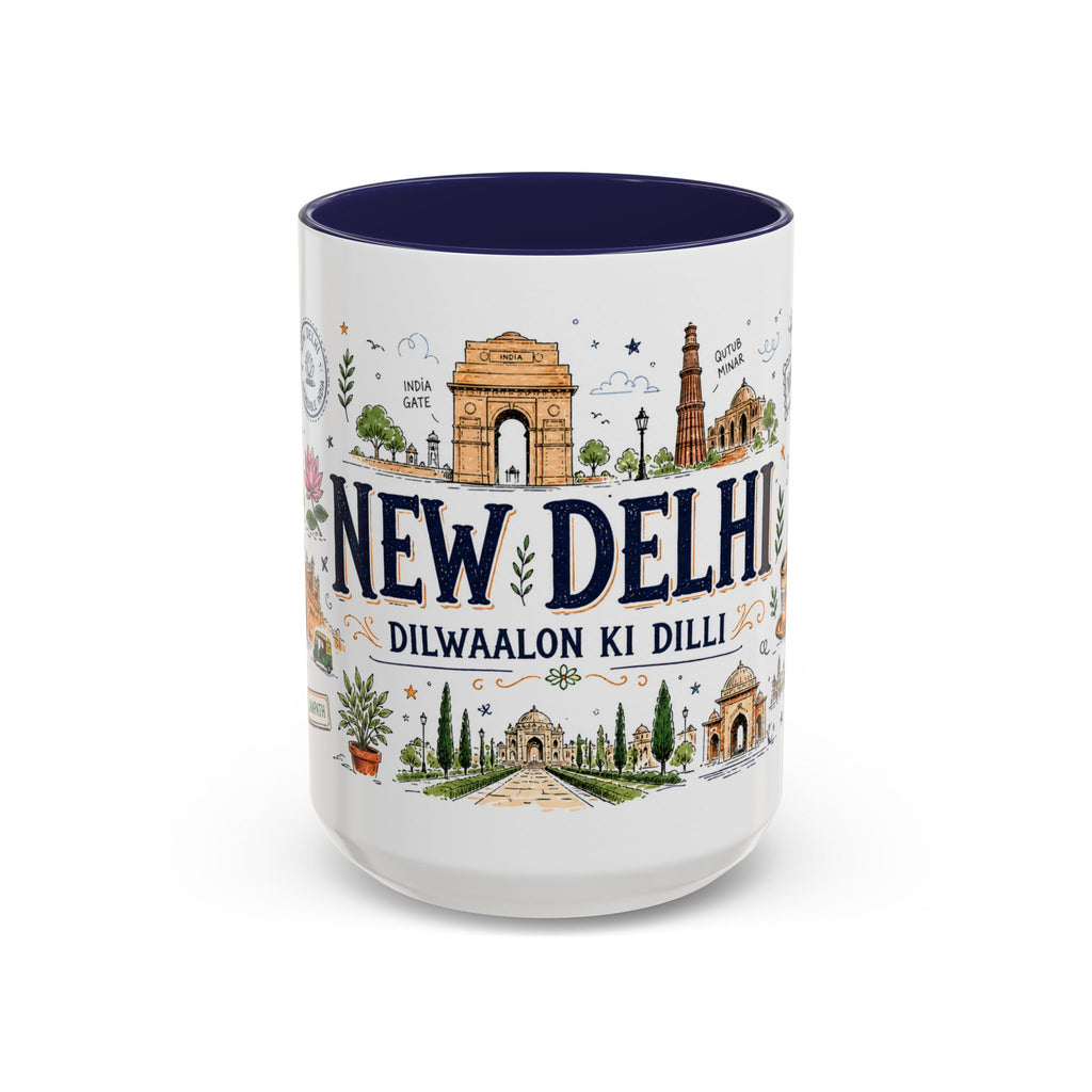 New Delhi Coffee Mug | India Souvenir Travel Gift | Accent Color Ceramic 11oz 15oz