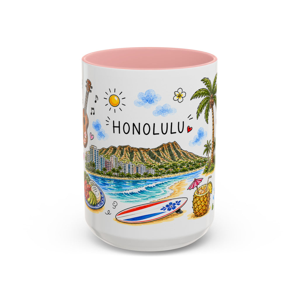 Honolulu Illustrated Travel Mug | City Souvenir Accent Coffee Mug | 11oz 15oz Ceramic Cup
