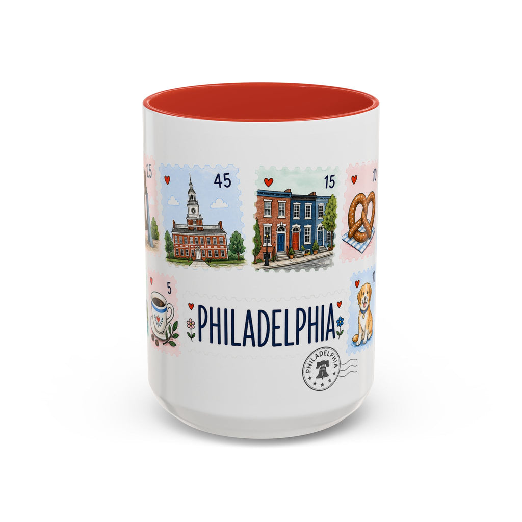 Philadelphia Coffee Mug | Postage Stamp Collage Mug | Travel Souvenir Accent Cup 11oz 15oz