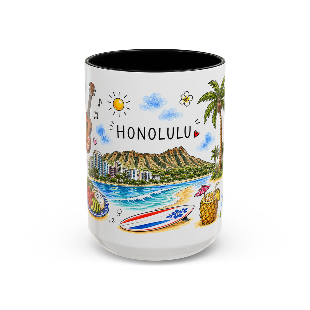 Honolulu Illustrated Travel Mug | City Souvenir Accent Coffee Mug | 11oz 15oz Ceramic Cup