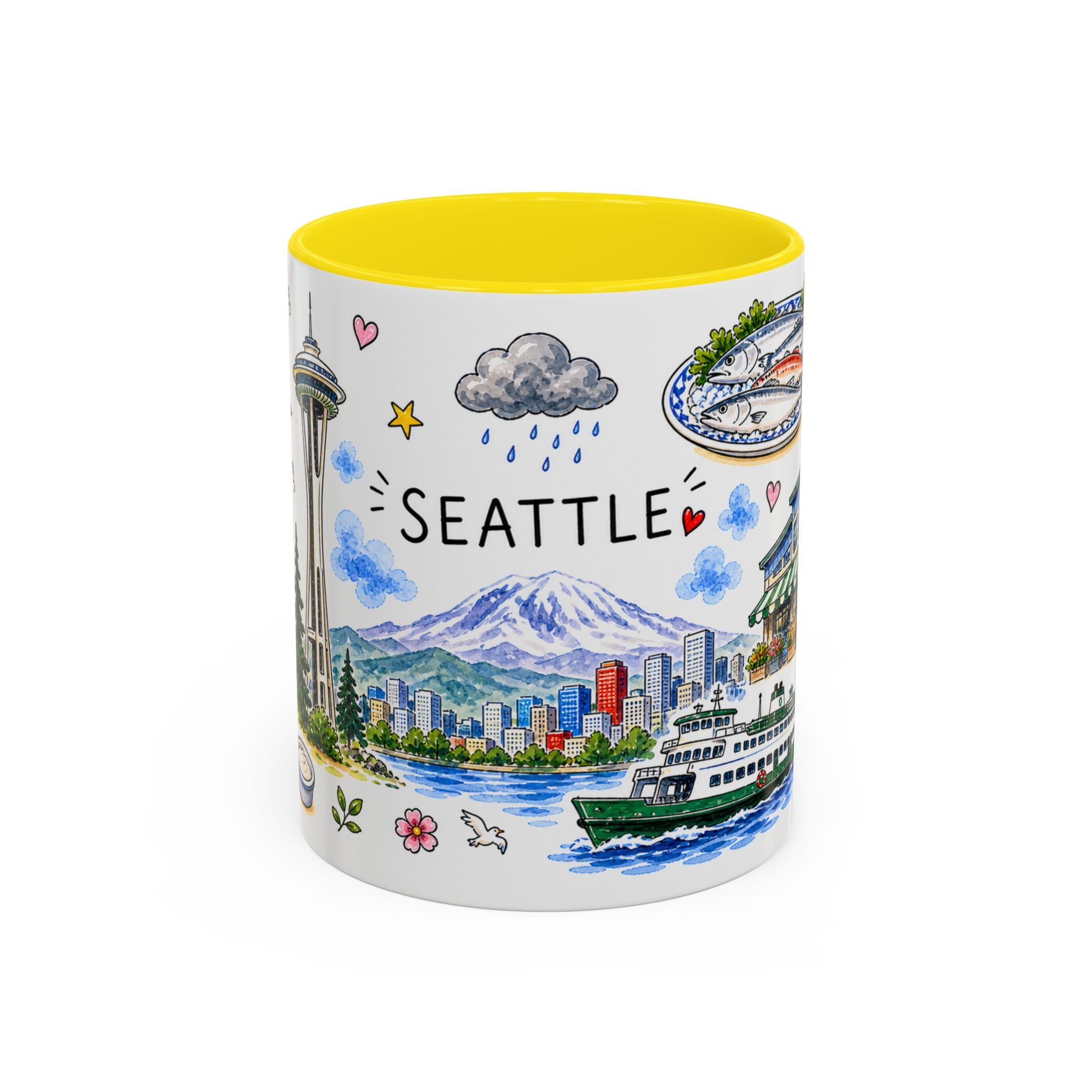 Seattle Illustrated Travel Mug | City Souvenir Accent Coffee Mug | 11oz 15oz Ceramic Cup