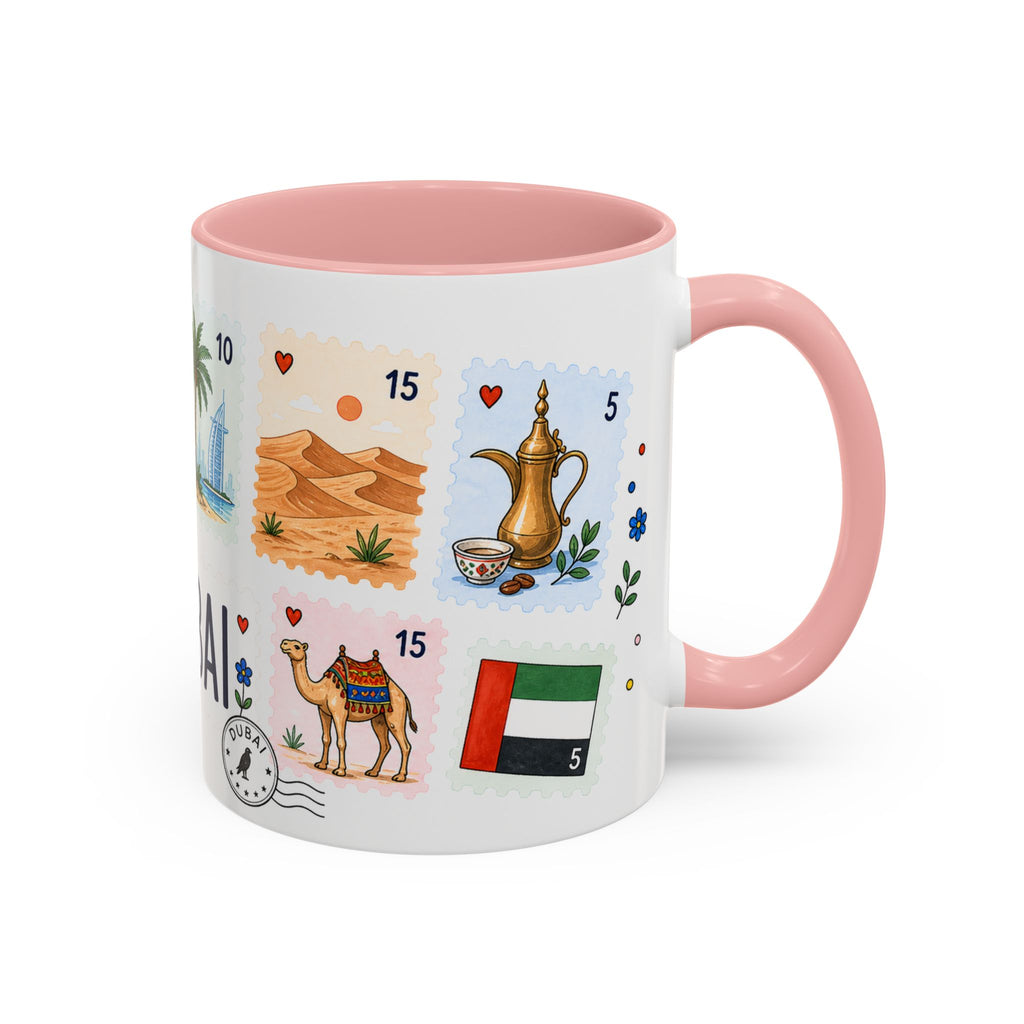 Dubai Coffee Mug | Postage Stamp Collage Mug | Travel Souvenir Accent Cup 11oz 15oz