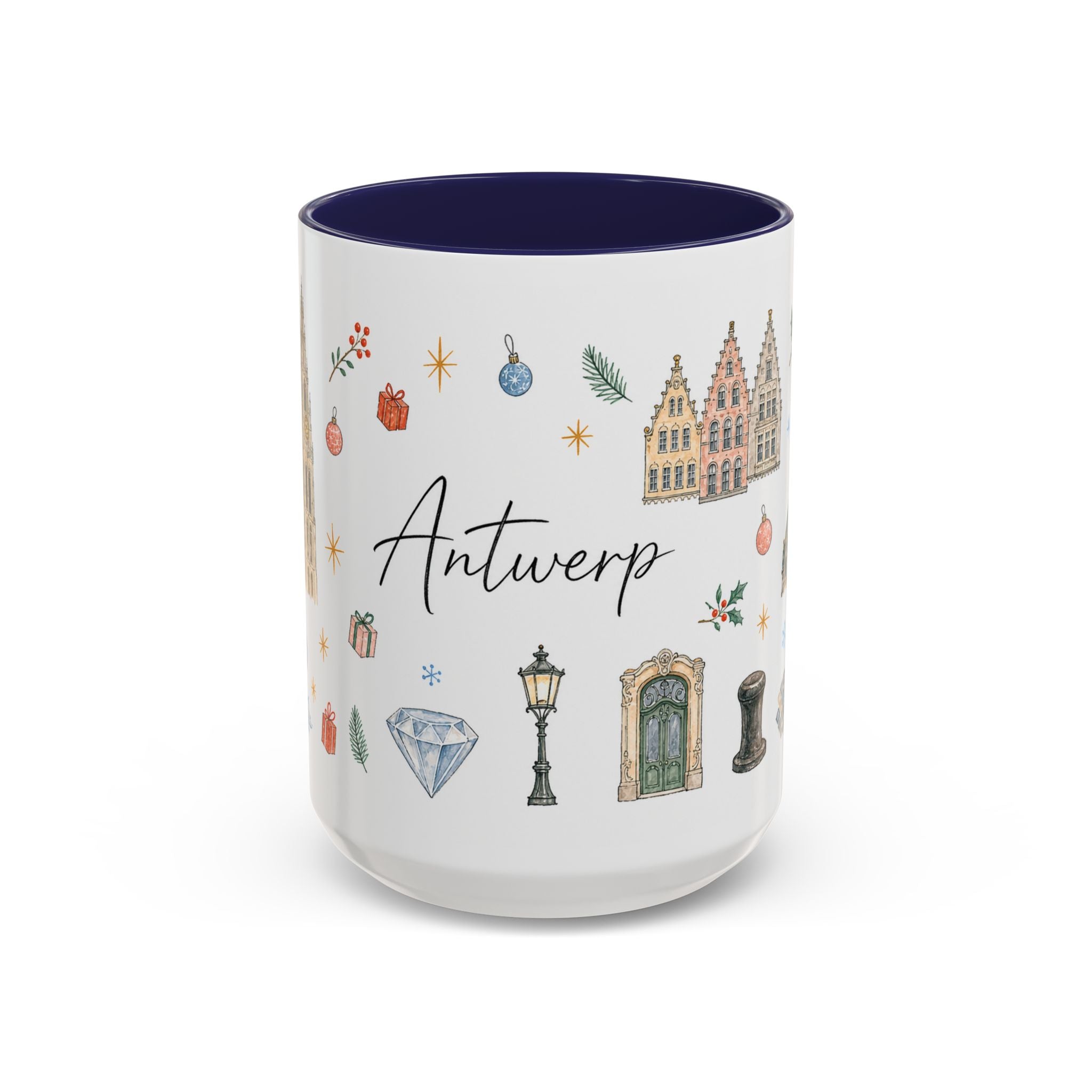 Antwerp Christmas Mug | Watercolor Travel Souvenir | Holiday Gift | Accent Ceramic Coffee Cup 11oz 15oz