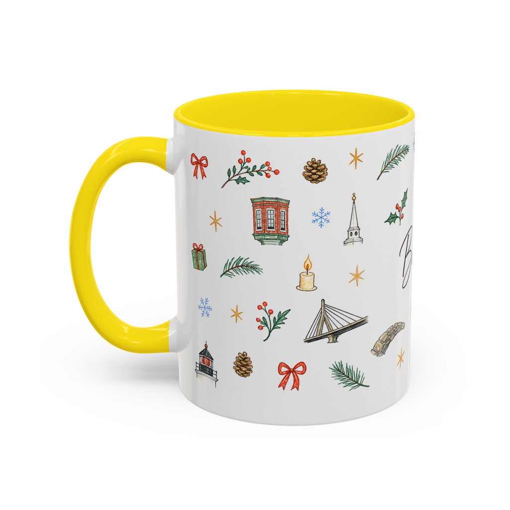 Boston Christmas Mug | Watercolor Travel Souvenir | Holiday Gift | Accent Ceramic Coffee Cup 11oz 15oz