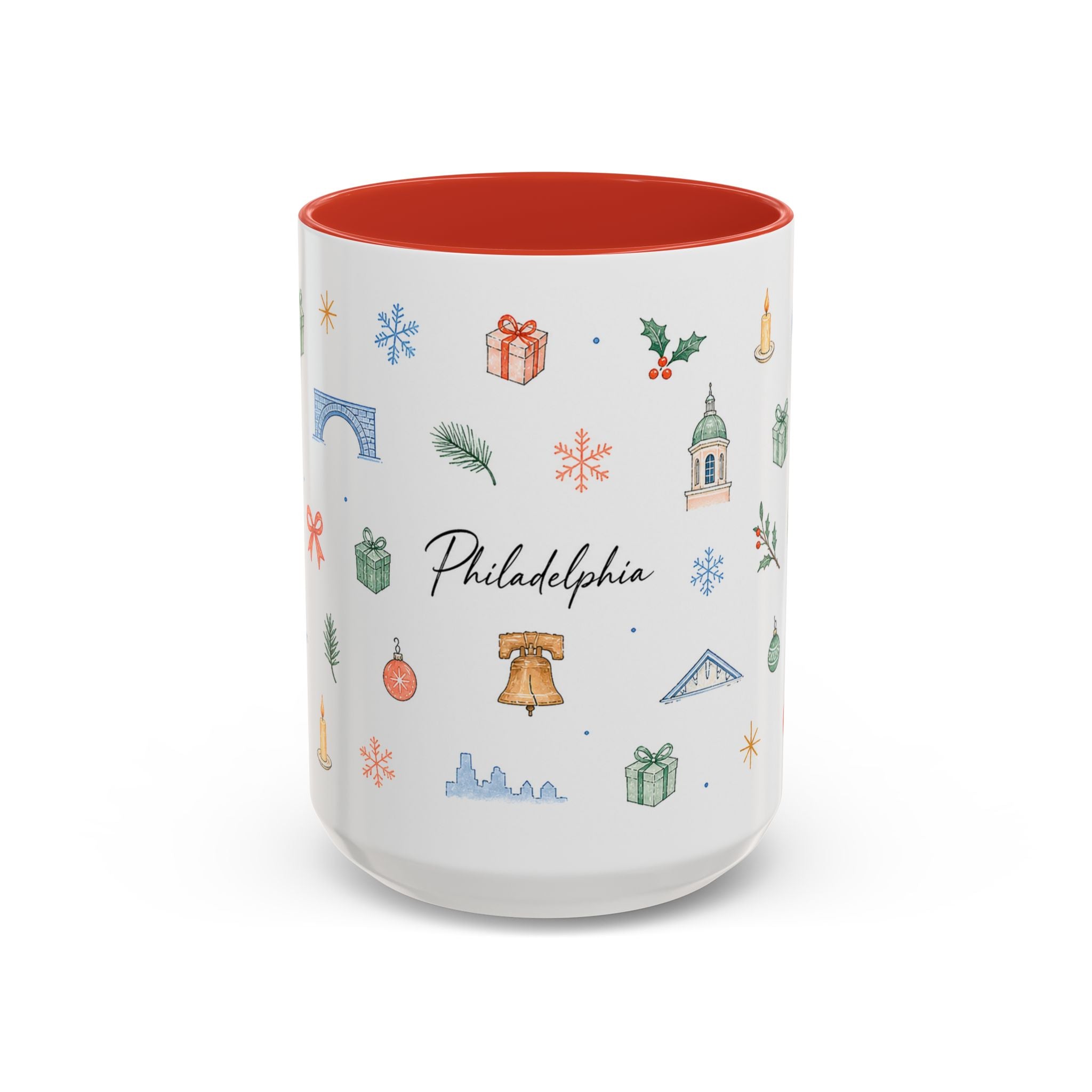 Philadelphia Christmas Mug | Watercolor Travel Souvenir | Holiday Gift | Accent Ceramic Coffee Cup 11oz 15oz