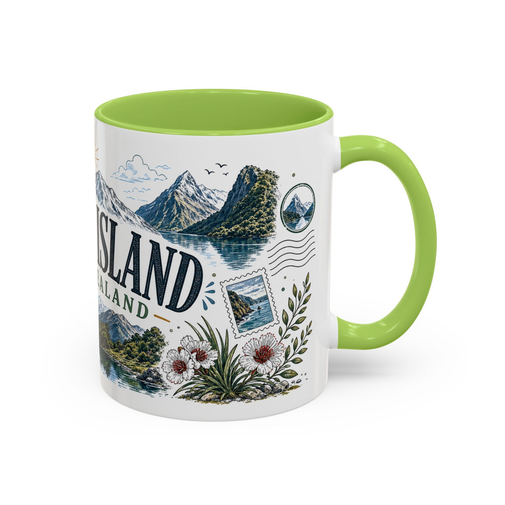 New Zealand South Island Coffee Mug | Travel Destination Souvenir Gift | Accent Color Ceramic 11oz 15oz