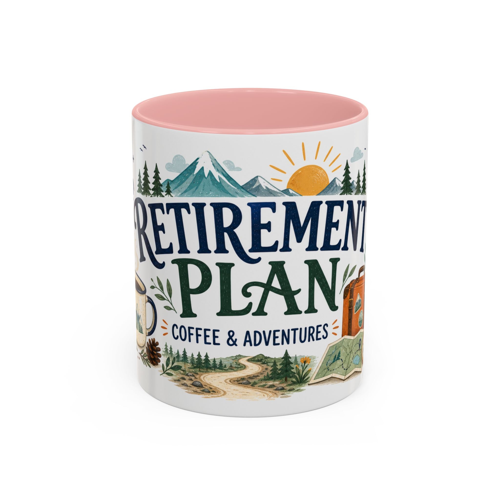 Retirement Plan Coffee And Adventures Mug | Travel Retirement Gift | Accent Color Ceramic 11oz 15oz