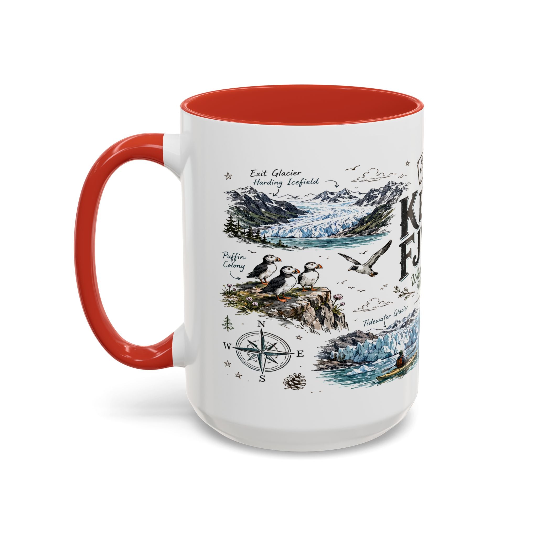 Kenai Fjords National Park Coffee Mug | Alaska Coastal Wildlife Hiking Gift | Accent Color Ceramic 11oz 15oz