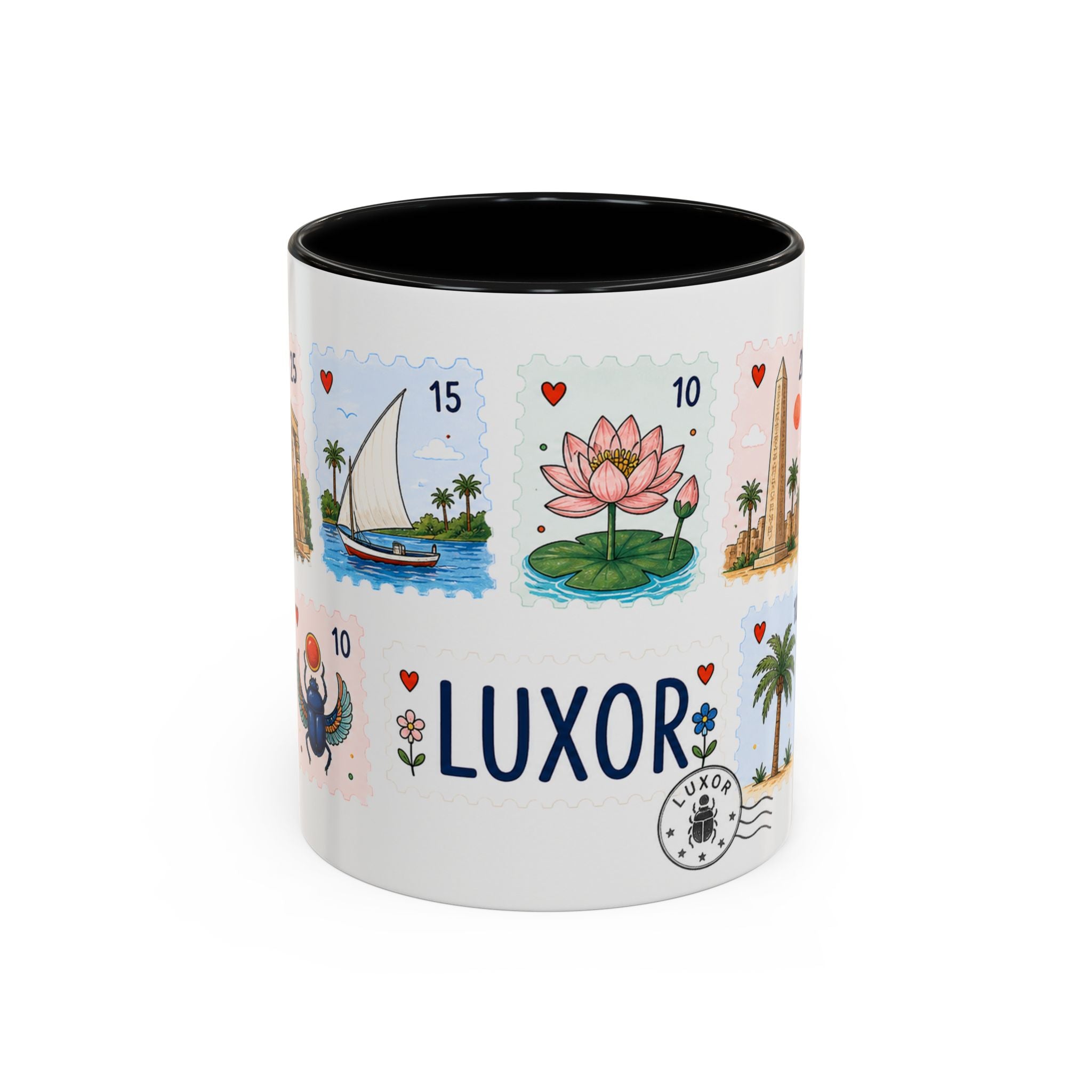 Luxor Coffee Mug | Postage Stamp Collage Mug | Travel Souvenir Accent Cup 11oz 15oz