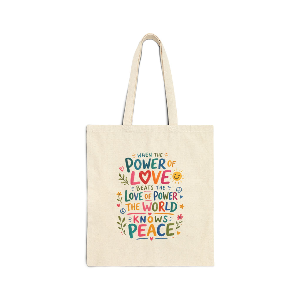 Power of Love Peace Tote Bag | Inspirational Quote Canvas Bag | Colorful Reusable Cotton Tote