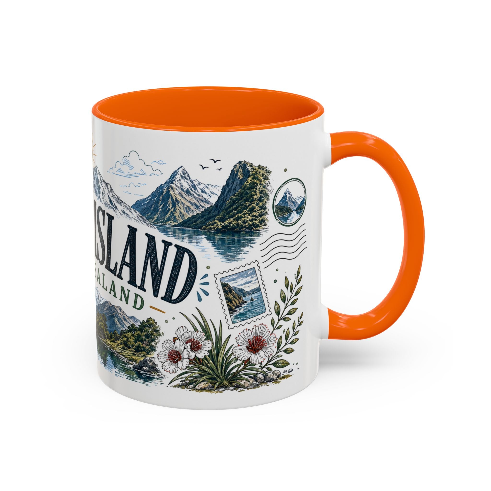 New Zealand South Island Coffee Mug | Travel Destination Souvenir Gift | Accent Color Ceramic 11oz 15oz