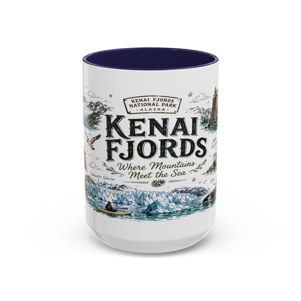 Kenai Fjords National Park Coffee Mug | Alaska Coastal Wildlife Hiking Gift | Accent Color Ceramic 11oz 15oz