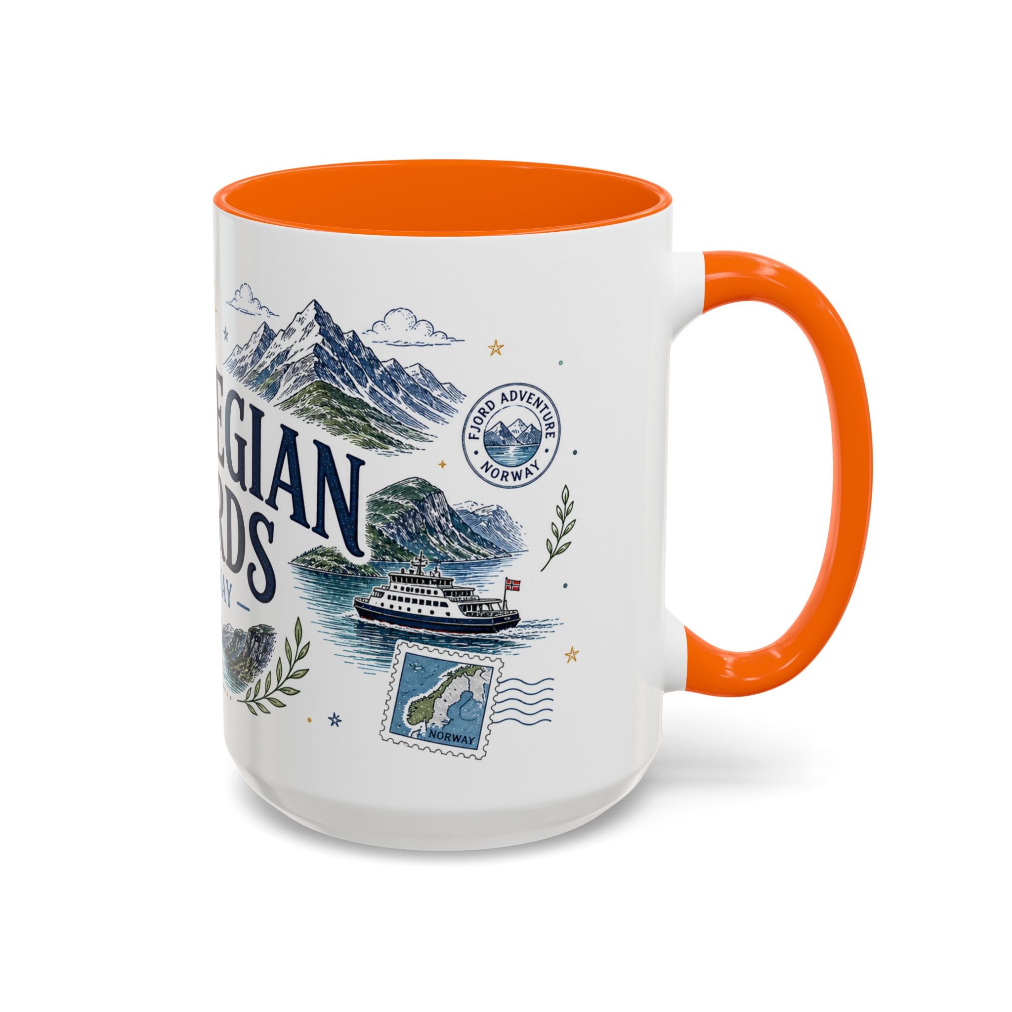 Norwegian Fjords Coffee Mug | Travel Destination Souvenir Gift | Accent Color Ceramic 11oz 15oz