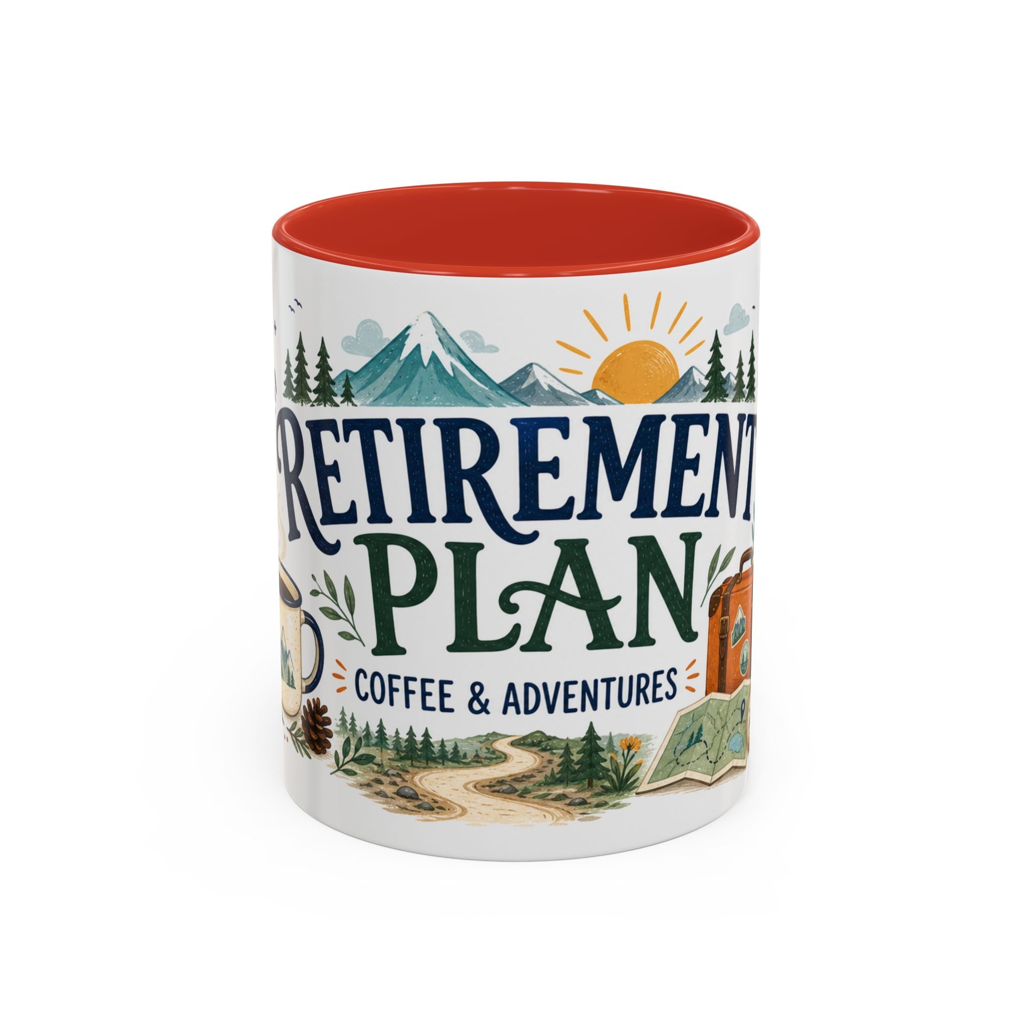 Retirement Plan Coffee And Adventures Mug | Travel Retirement Gift | Accent Color Ceramic 11oz 15oz