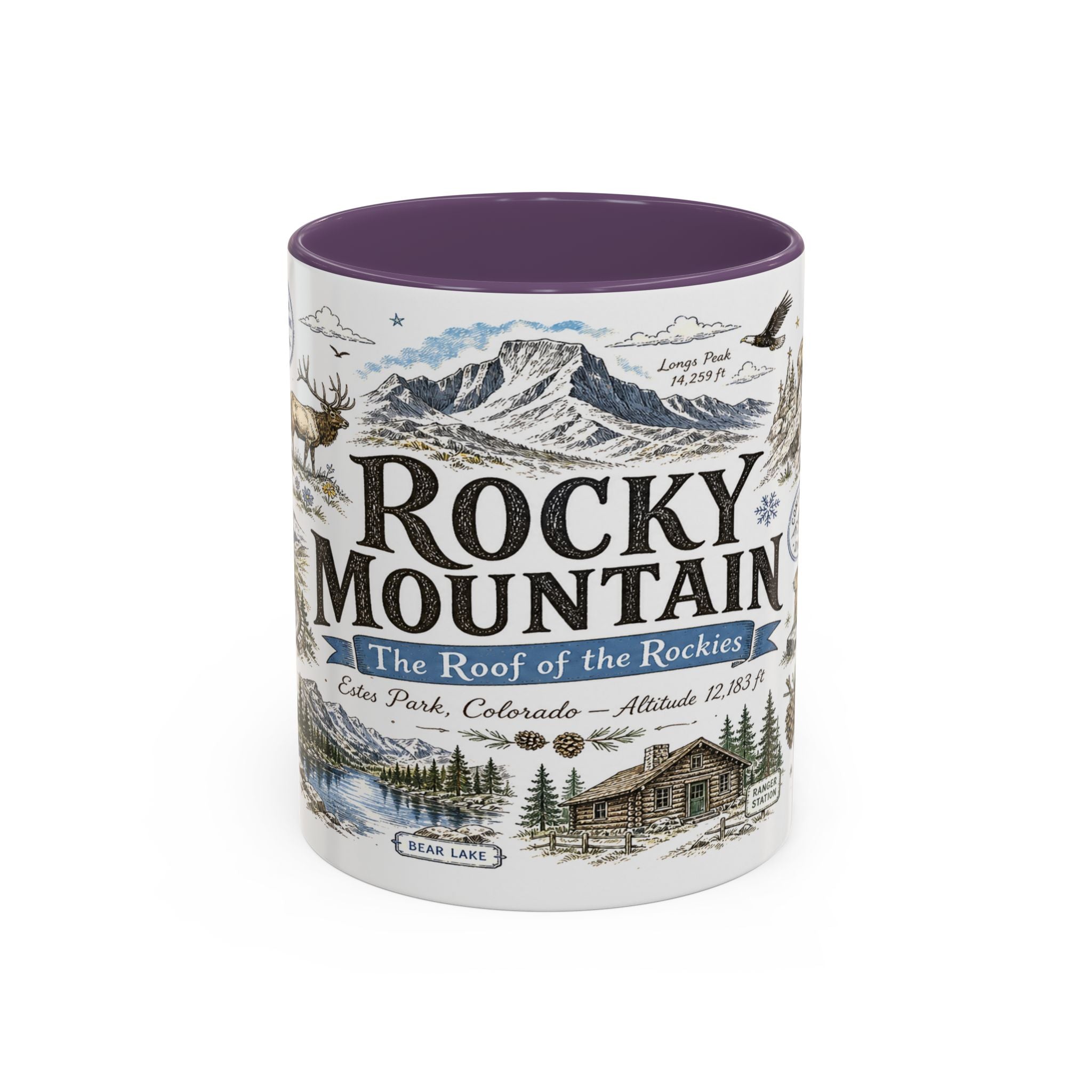 Rocky Mountain Coffee Mug | National Park Hiking Camping Gift | Accent Color Ceramic 11oz 15oz
