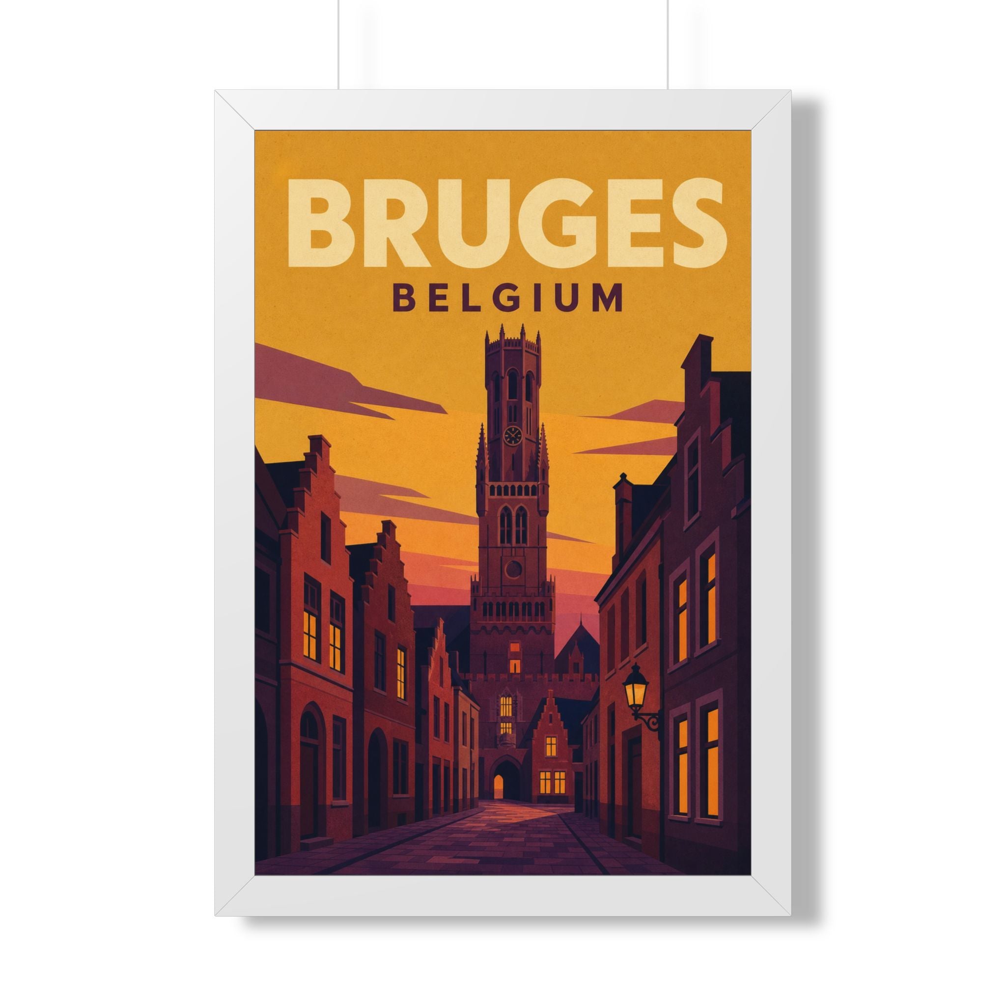 Bruges Belgium Framed Poster | Vintage Travel Wall Art | Black Walnut White Frame | 16x24 20x30