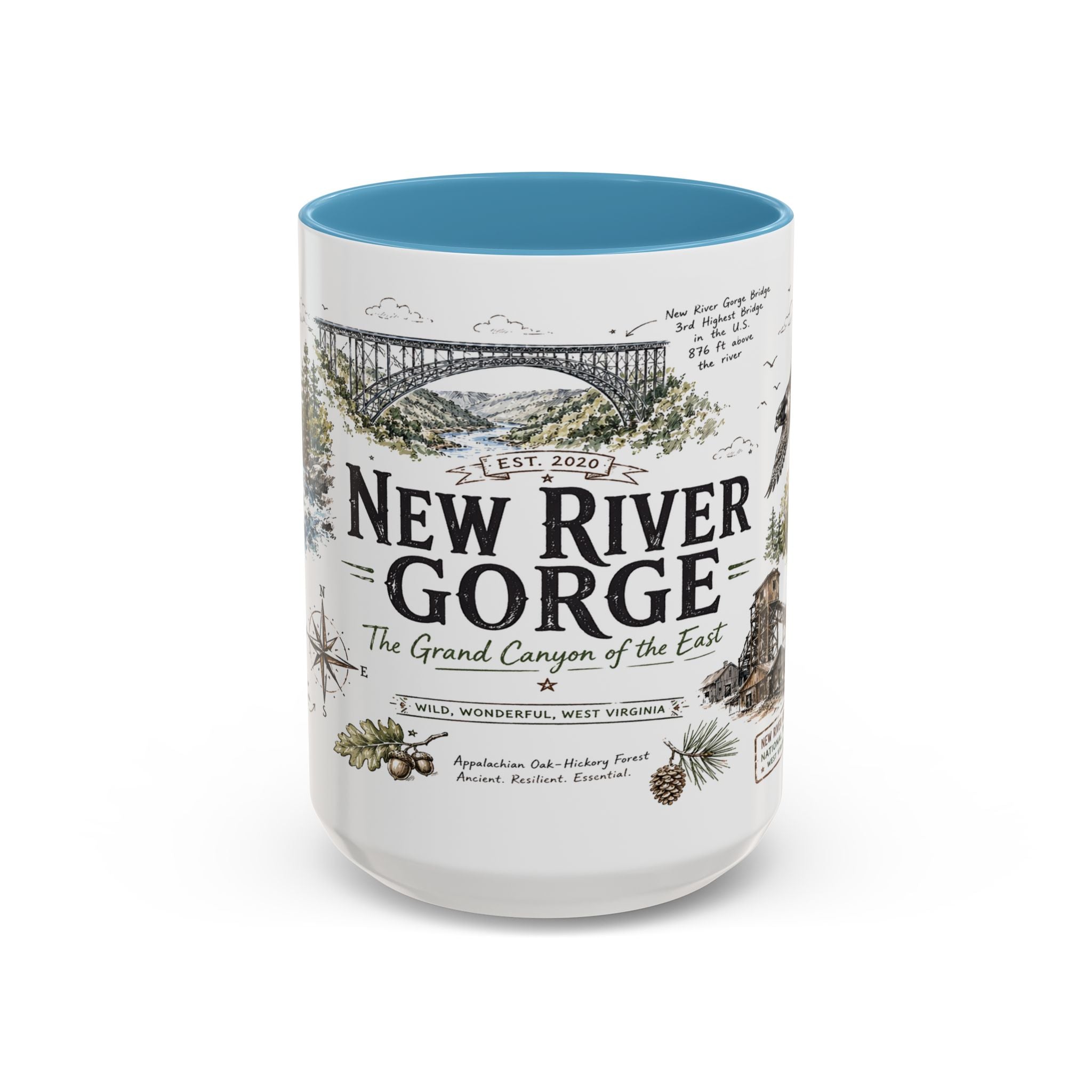 New River Gorge National Park Coffee Mug | West Virginia River Canyon Climbing Gift | Accent Color Ceramic 11oz 15oz
