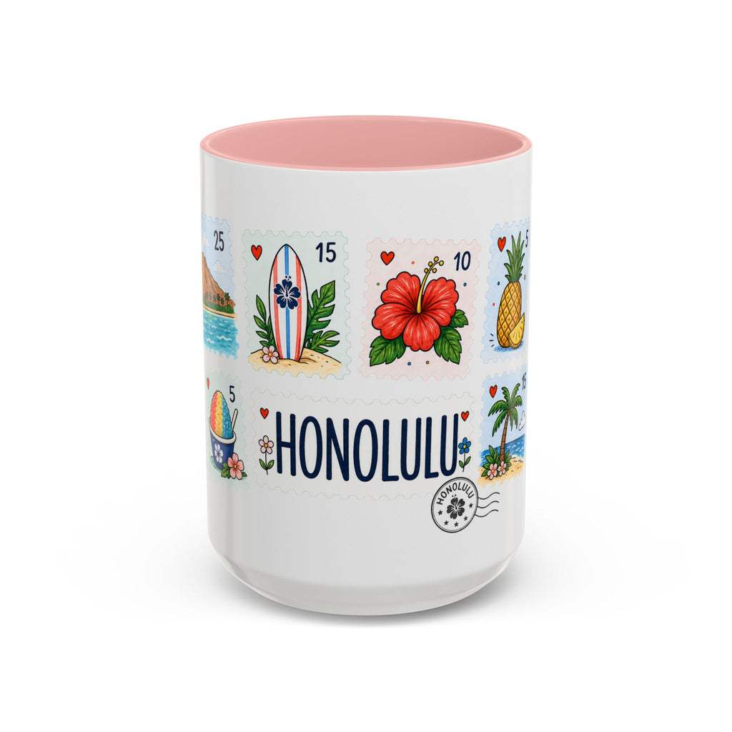 Honolulu Coffee Mug | Postage Stamp Collage Mug | Travel Souvenir Accent Cup 11oz 15oz