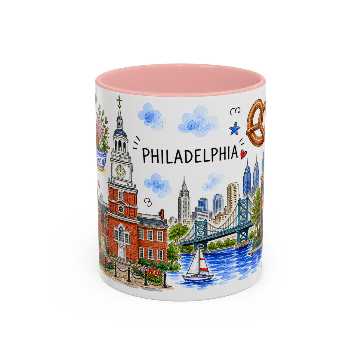 Philadelphia Illustrated Travel Mug | City Souvenir Accent Coffee Mug | 11oz 15oz Ceramic Cup