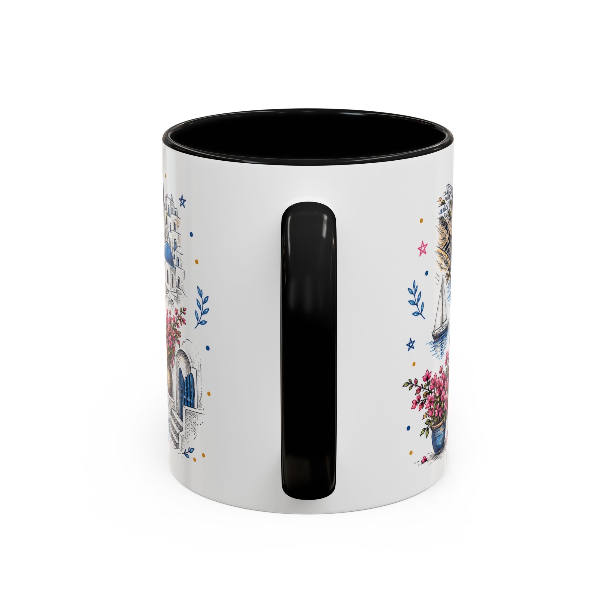 Santorini Coffee Mug | Travel Destination Souvenir Gift | Accent Color Ceramic 11oz 15oz