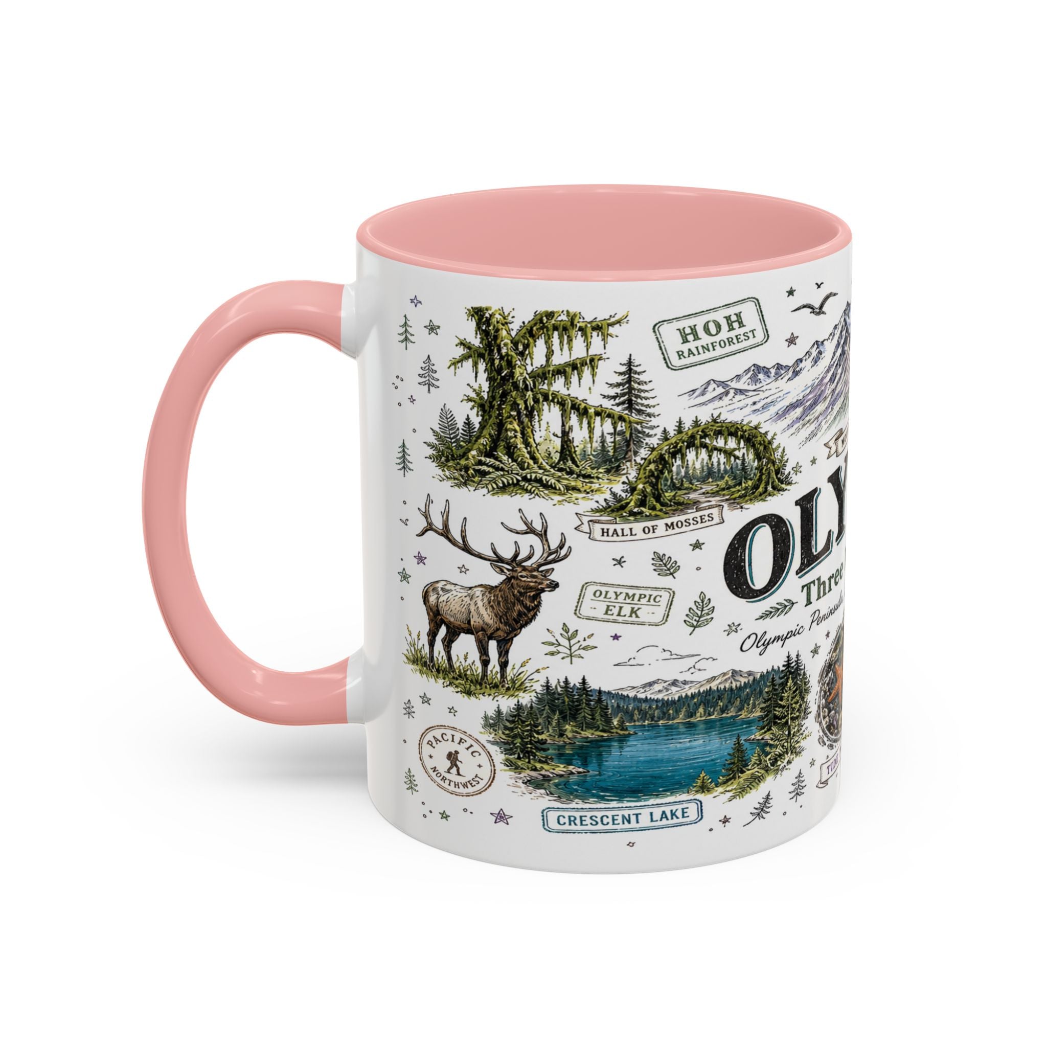 Olympic Coffee Mug | National Park Hiking Rainforest Gift | Accent Color Ceramic 11oz 15oz