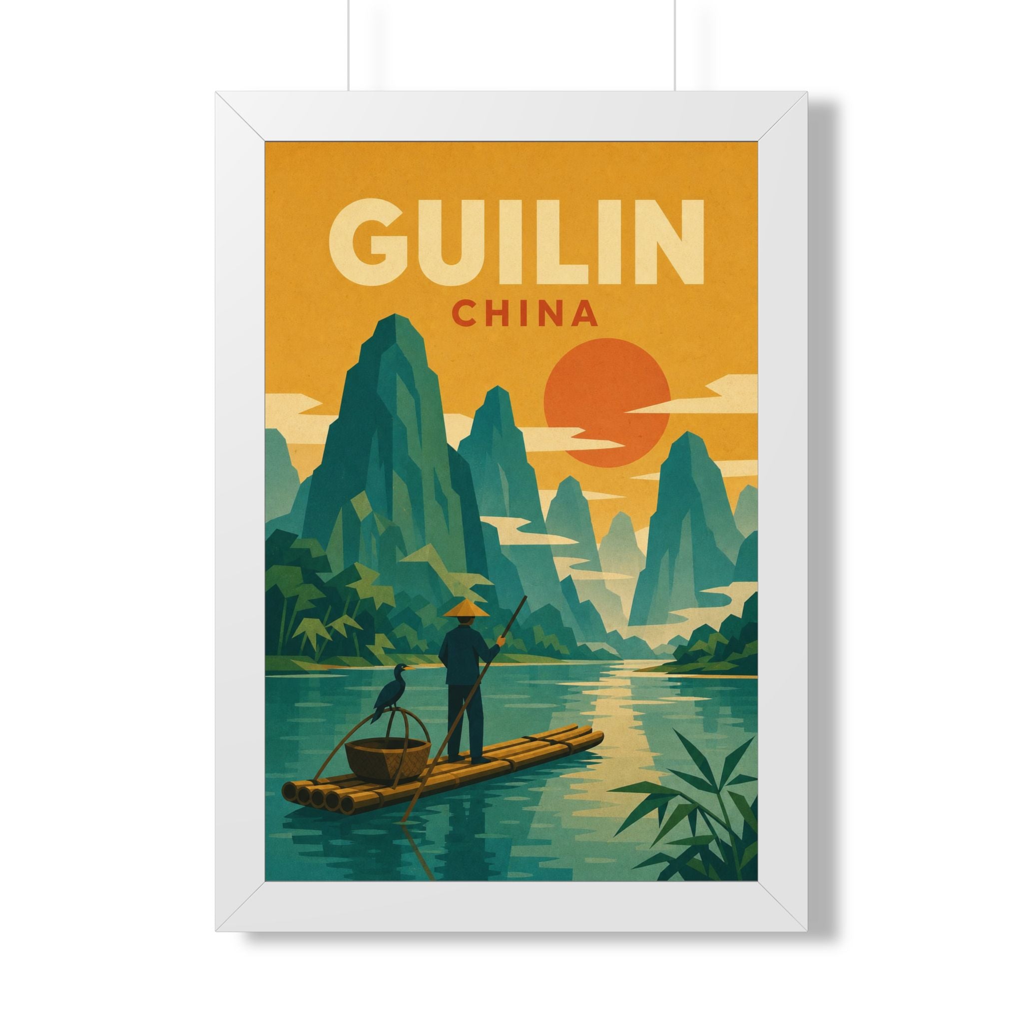 Guilin China Framed Poster | Vintage Travel Wall Art | Black Walnut White Frame | 16x24 20x30
