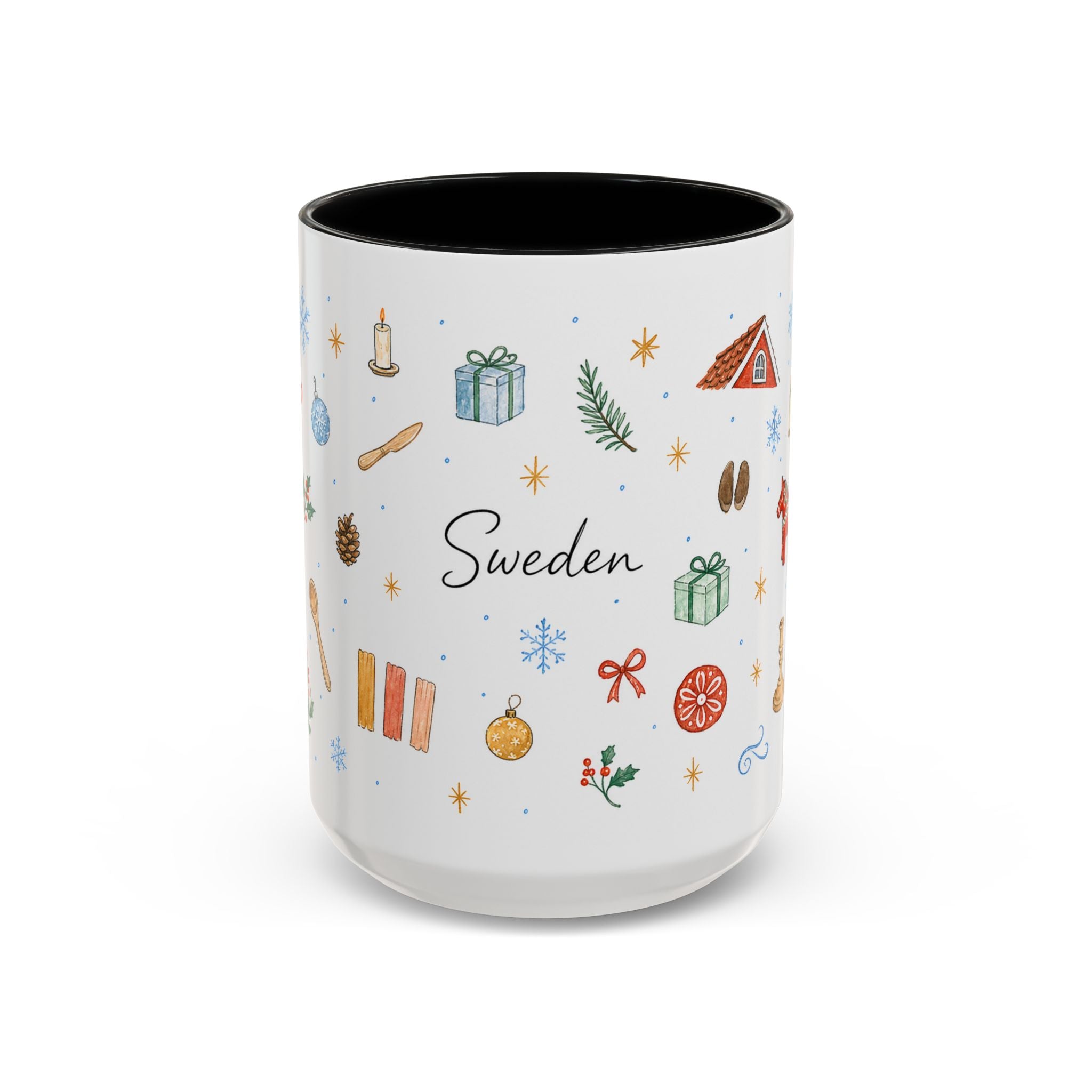 Sweden Christmas Mug | Watercolor Travel Souvenir | Holiday Gift | Accent Ceramic Coffee Cup 11oz 15oz